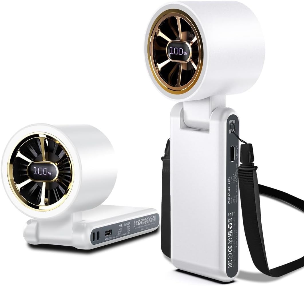 CAZOKASI Rechargeable Strong Wind Handheld Fan With Ambient Lighting 4 IN1 5000mAh Upto 22H For Desktop Waist Clip Neck (StrongWind/White)