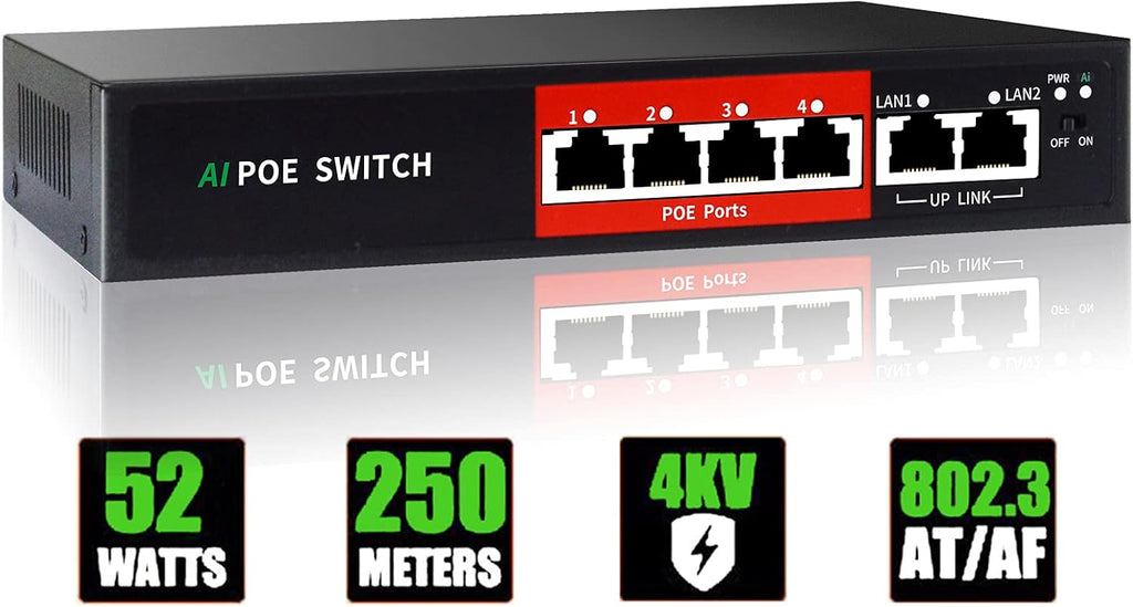 STEAMEMO AI PoE Switch, 52V 52W (4 POE Ports +2 Uplink) 100Mbps,802.3af/at, Unmanaged Network Extender Power Over Ethernet for IP, Extend Function,Metal Plug and Play