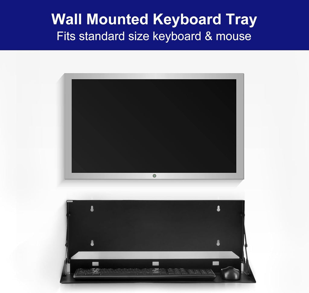 2 Pcs 24 Inch Keyboard Wall Mount Foldable Fits Standard Computer Keyboard Mouse Stand Tray Organizer for Small Offices Apartments, Easy Installation with 4 Screws (Black)