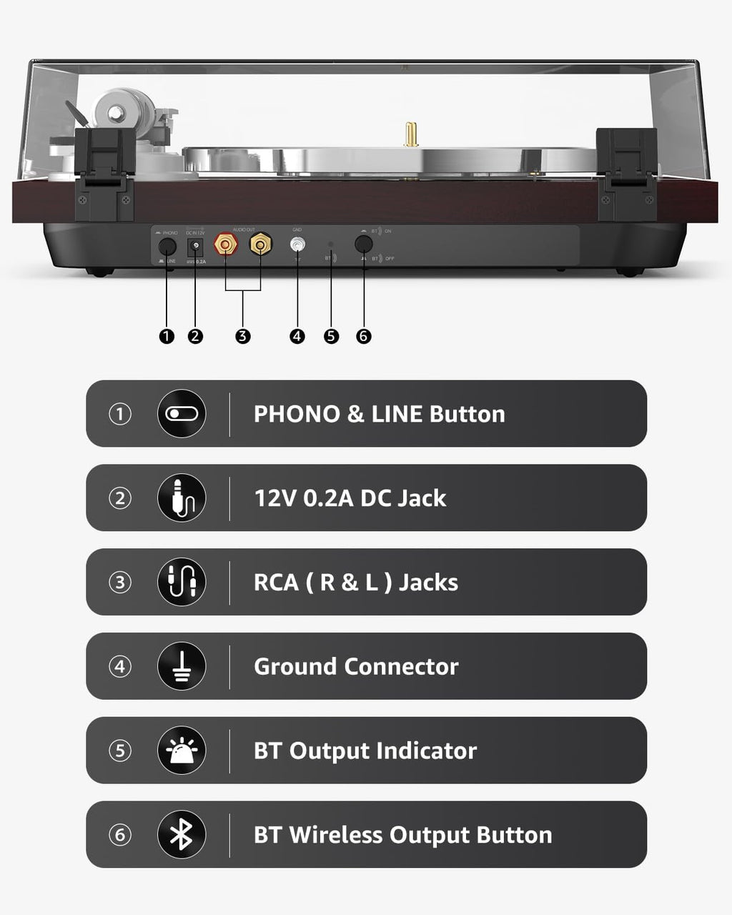 Turntable Record Player Wireless Output Carbon Fiber Tonearm Vinyl Player Aluminium Platter Belt-Drive LP Turn Tables 33 1/3&45 RPM Audio Phono RCA Line Out AT-3600L MM Cartridge Pale Walnut Red