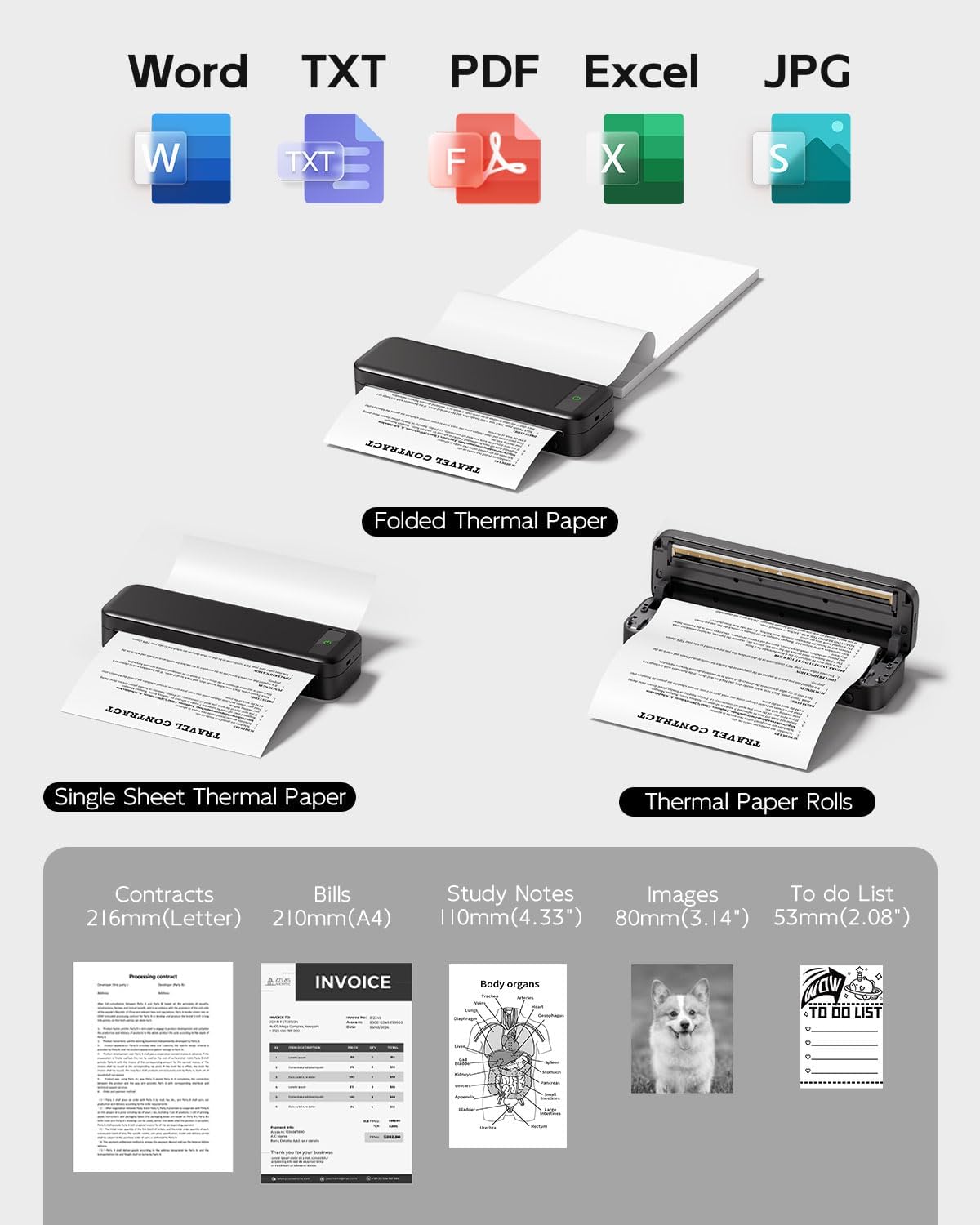 Portable Printers Wireless for Travel, Bluetooth Inkless Thermal Printer Support 8.5" X 11" US Letter, Mobile Printer for Phone Laptop, with Case and 4 Rolls Thermal Paper Kit, for Home Office Receipt