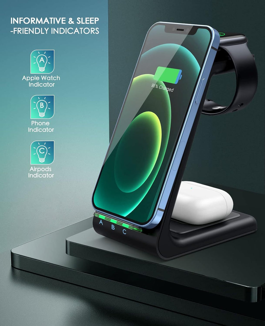 3 in 1 Wireless Charging Station, 2025 Upgraded Fast Desk Charger Station for iPhone 16 15 14 13 12 Pro Max Plus, Charger Stand for Apple Watch 10 9 8 7 6 5 4 3 2 SE, Airpods 4 3 2 Pro(Black)