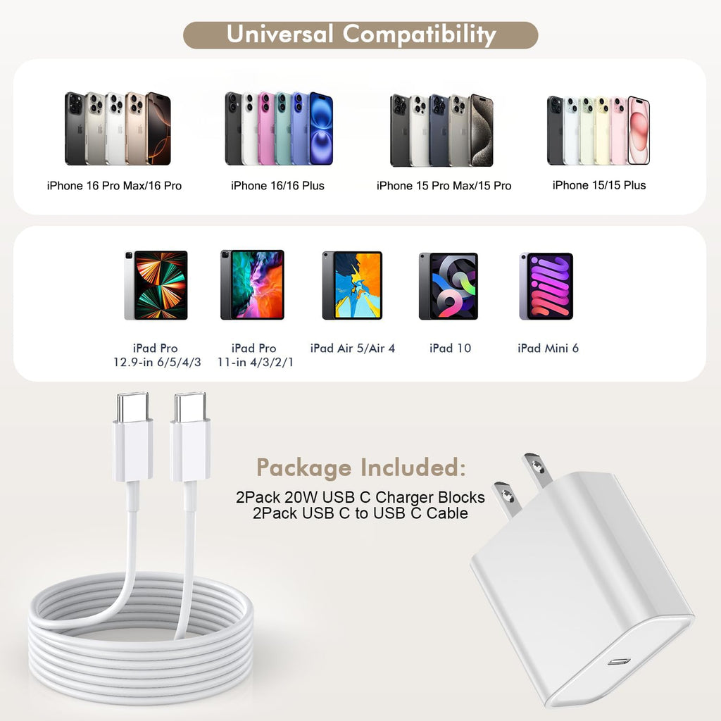 iPhone 16 15 Charger Fast Charging, 2Pack 10FT Extra Long USB-C to C Cable Cord with 20W Apple iPad USB C Fast Charger USB C Wall Charger Block for iPhone 16/16 Plus/16 Pro/16 ProMax/15/15 ProMax/iPad
