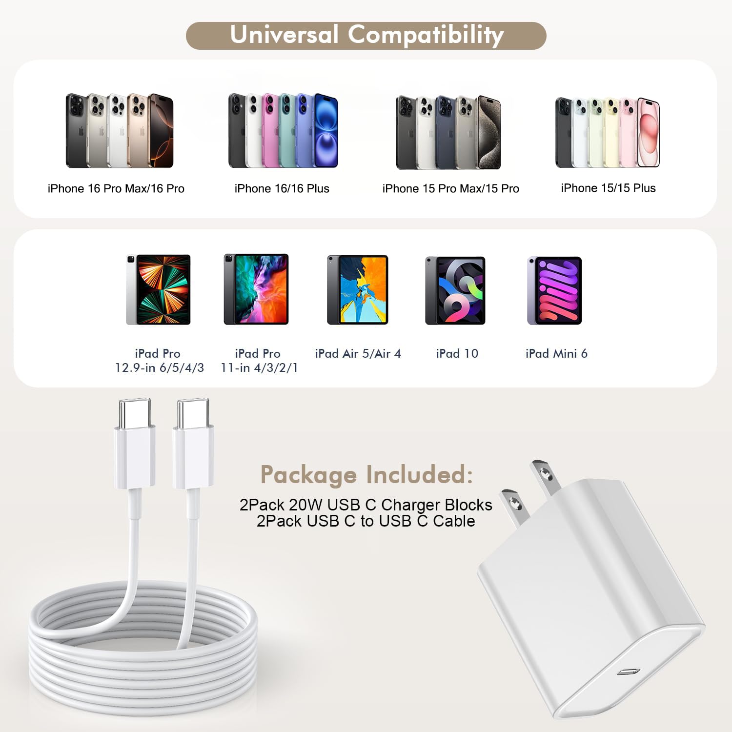iPhone 16 15 Charger Fast Charging, 2Pack 10FT Extra Long USB-C to C Cable Cord with 20W Apple iPad USB C Fast Charger USB C Wall Charger Block for iPhone 16/16 Plus/16 Pro/16 ProMax/15/15 ProMax/iPad