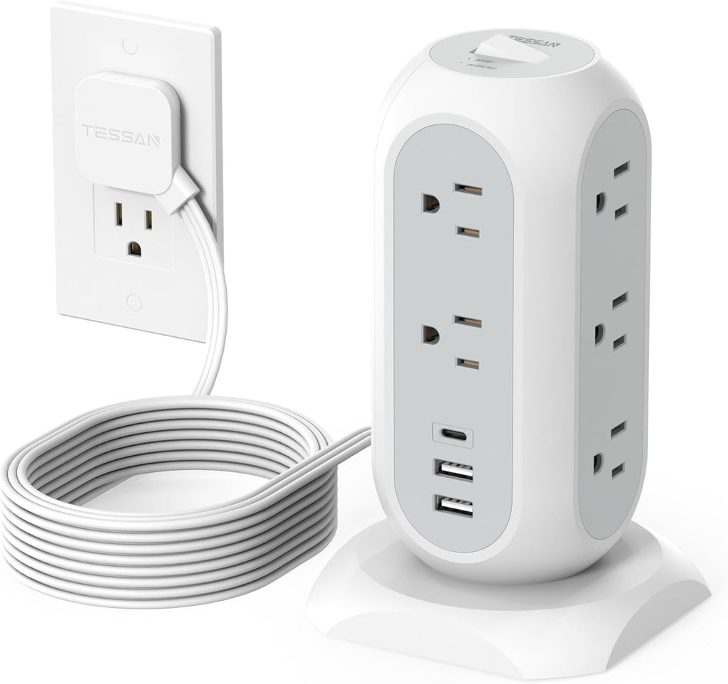 Surge Protector Power Strip Tower 10 Ft, TESSAN Flat Plug Extension Cord with 11 AC Multiple Outlets 3 USB Ports (1 USB C), 1050J Desk Charging Station for Home, Office Supplies, Dorm Room Essentials