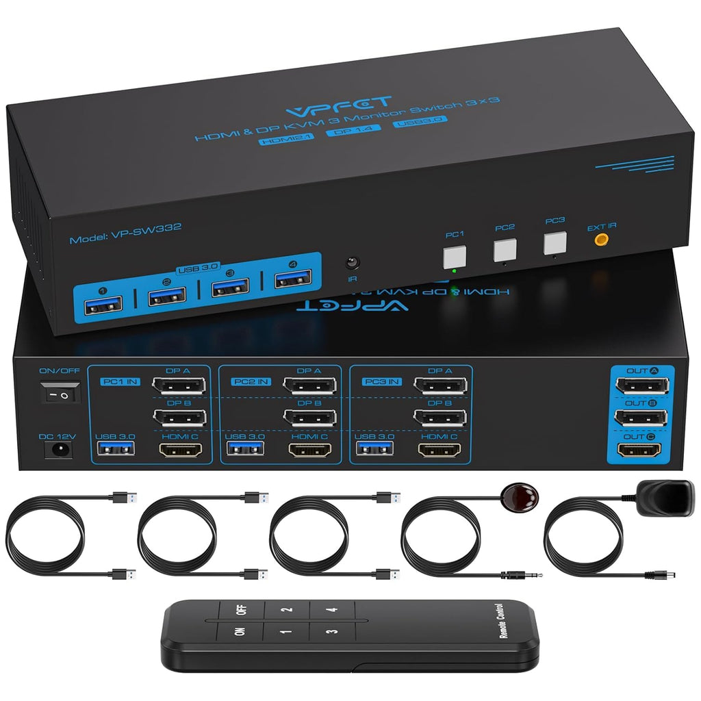 4K144Hz HDMI + 2 Displayport KVM Switch 3 Monitors 3 Computers 8K USB 3.0 KVM Switches Triple Monitor for 3 Computer Share 3 Screens and 4 USB 3.0 Ports Support Extended/Copy Mode