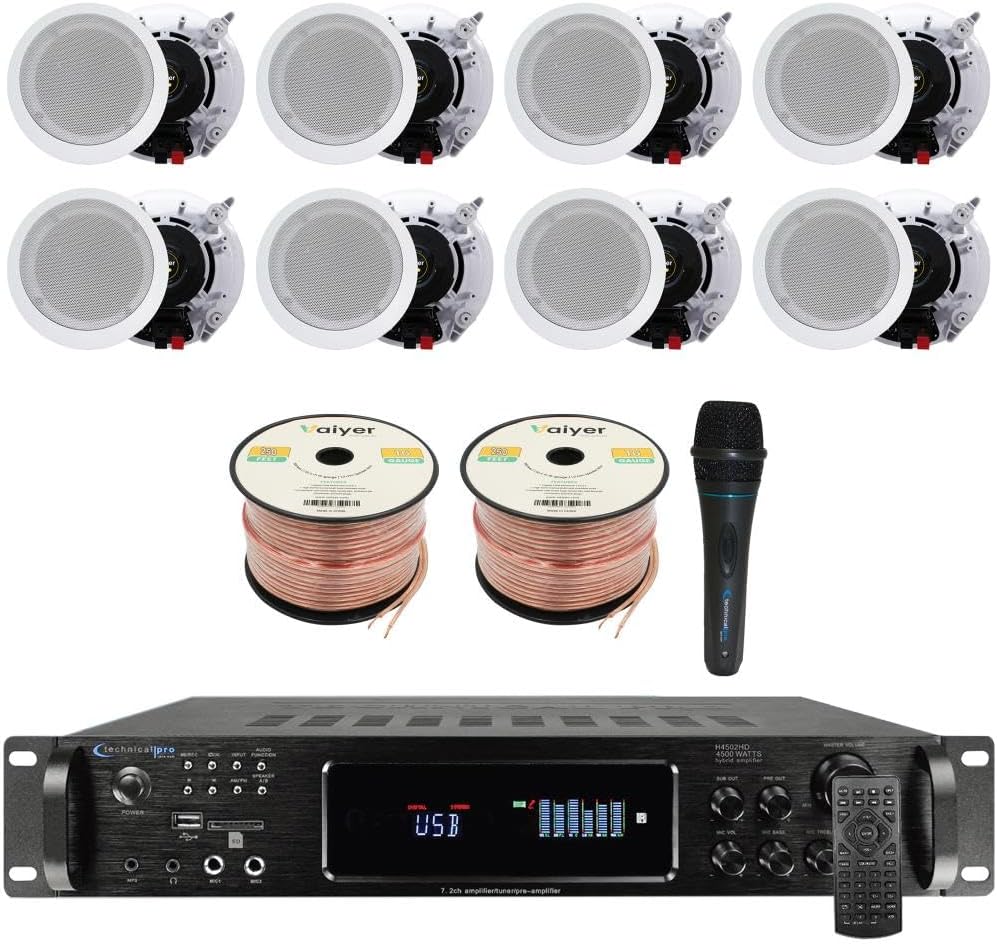 Vaiyer Home Stereo System Kit - 7.2 Channel 4500 Watts Bluetooth Amplifier with 8 Qty of 6.5" Ceiling Speakers 200W Each, Mic, 16 AWG 500 ft. Speaker Wire & Remote for Home, Bar, Office, Restaurant
