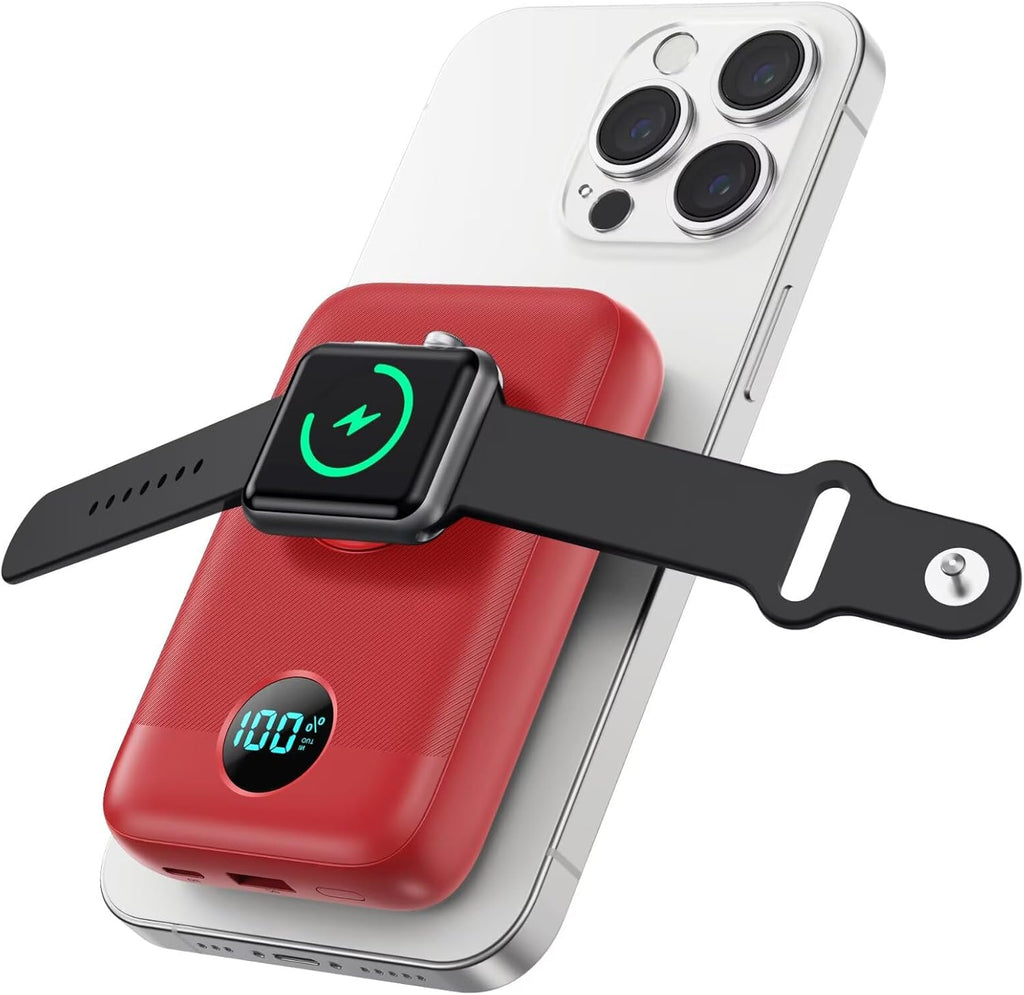 Magnetic Portable Charger for iPhone, 10800mAh 4-in-1 Wireless Power Bank with iWatch Charger, 25W PD Fast Charging Battery Pack for Magsafe, iPhone 16/15/14/13/12 Series, Apple Watch (Red)