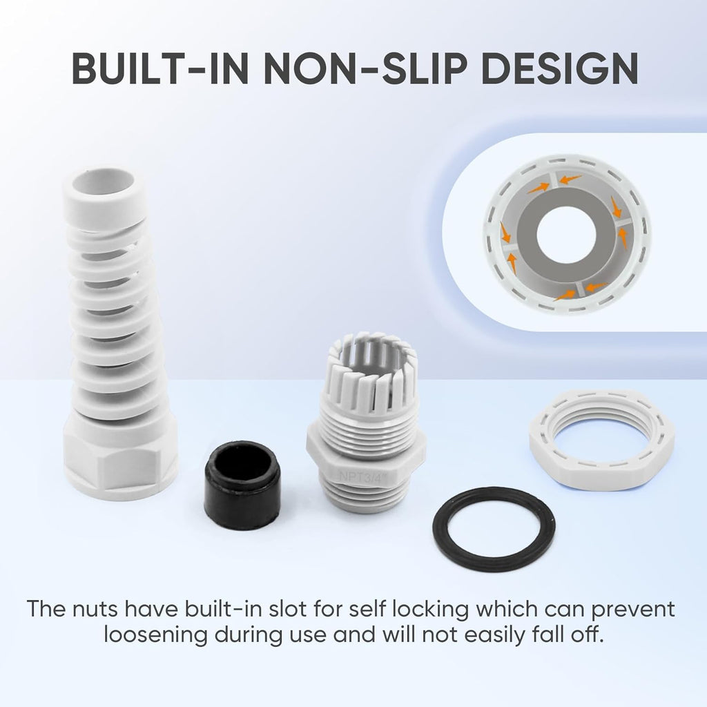 Strain Relief Cord Connector,LISTENJIALE 2Pcs NPT 3/4" Waterproof Cable Gland Flex Spiral Strain Relief Adjustable 12.5-18mm Cable Connector Nylon Joint with Gaskets(Grey)