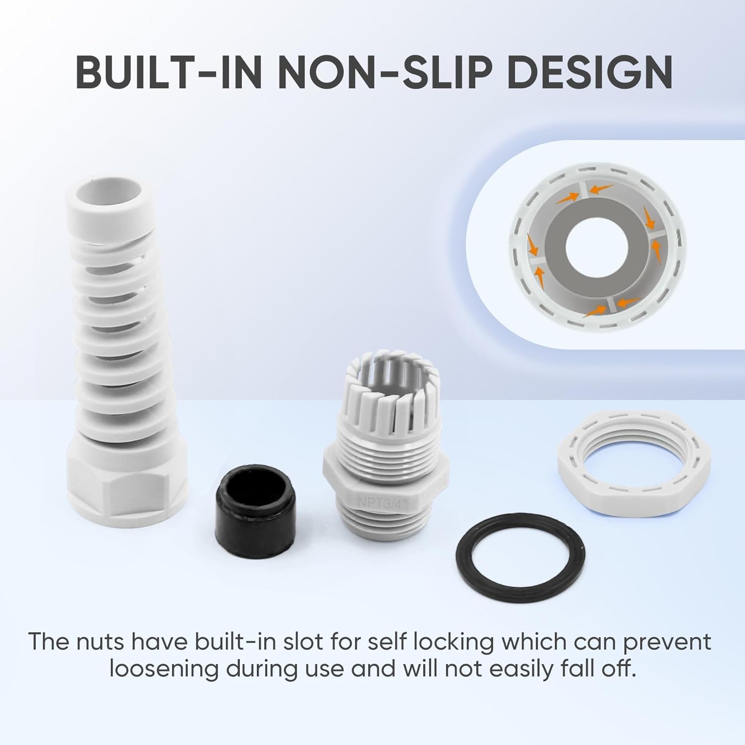Strain Relief Cord Connector,LISTENJIALE 2Pcs NPT 3/4" Waterproof Cable Gland Flex Spiral Strain Relief Adjustable 12.5-18mm Cable Connector Nylon Joint with Gaskets(Grey)
