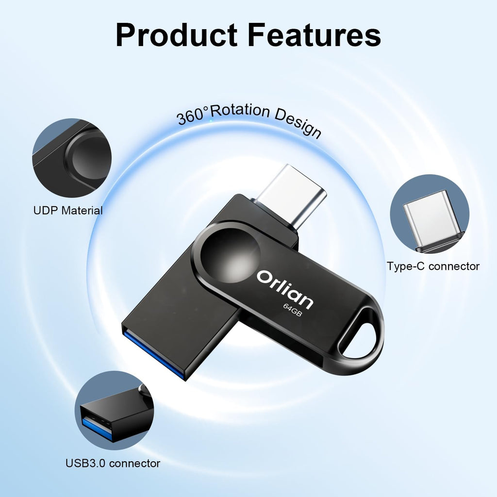 64GB USB C Flash Drive, Dual Drive USB 3.0 and Type C Thumb Drive Up to 110MB/s Read Metal Waterproof Swivel Design Portable for PC Laptop Tablet Android Smartphone iPhone 15 and More, Black