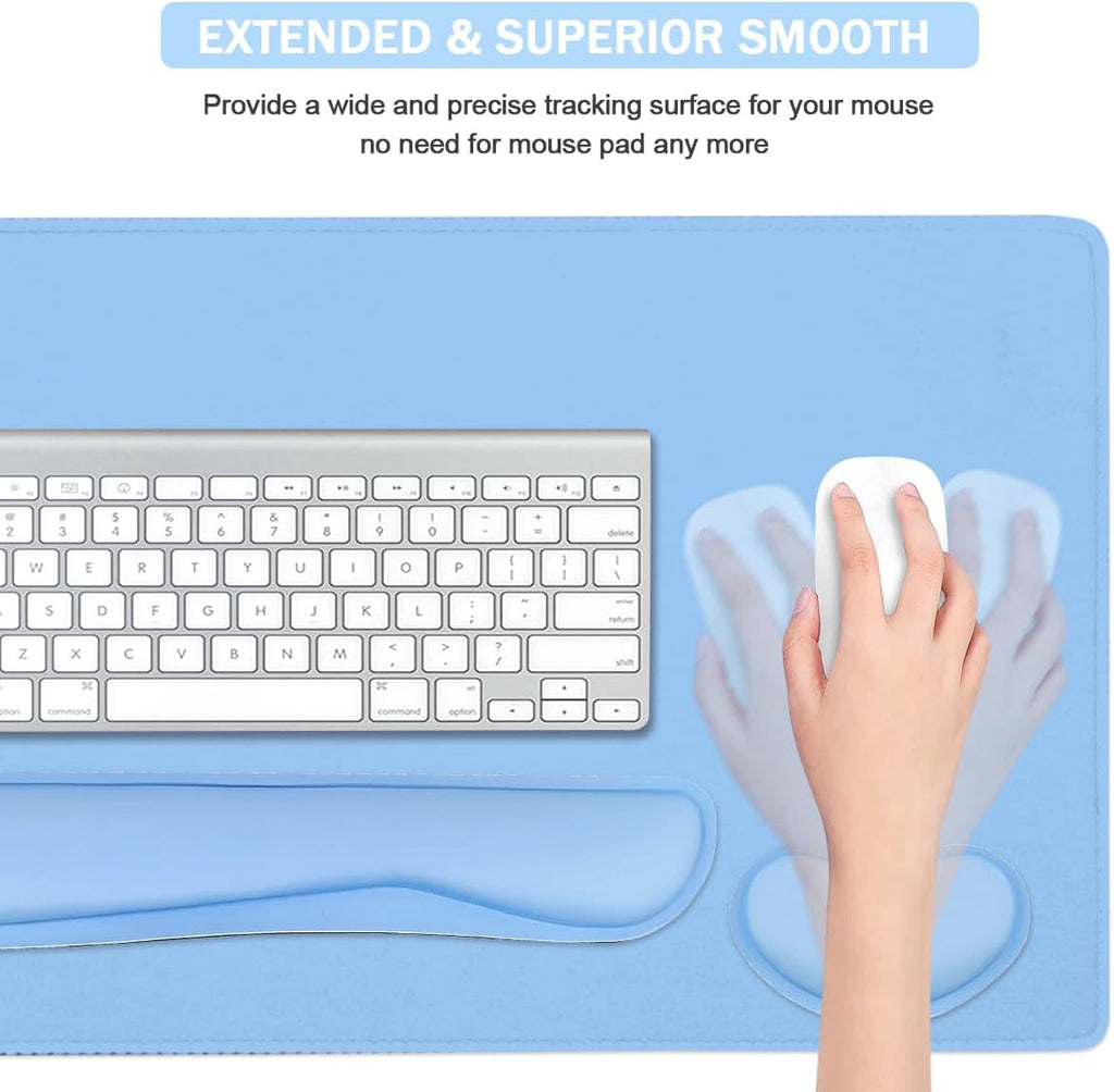 Large Keyboard Mouse Pad Set, Extended Mouse Pad+Keyboard Wrist Rest Support, Memory Foam Ergonomic Easy Typing, 4Pcs (35.4×15.14 in) Desk Pad Set for Home Office Study Game - Blue
