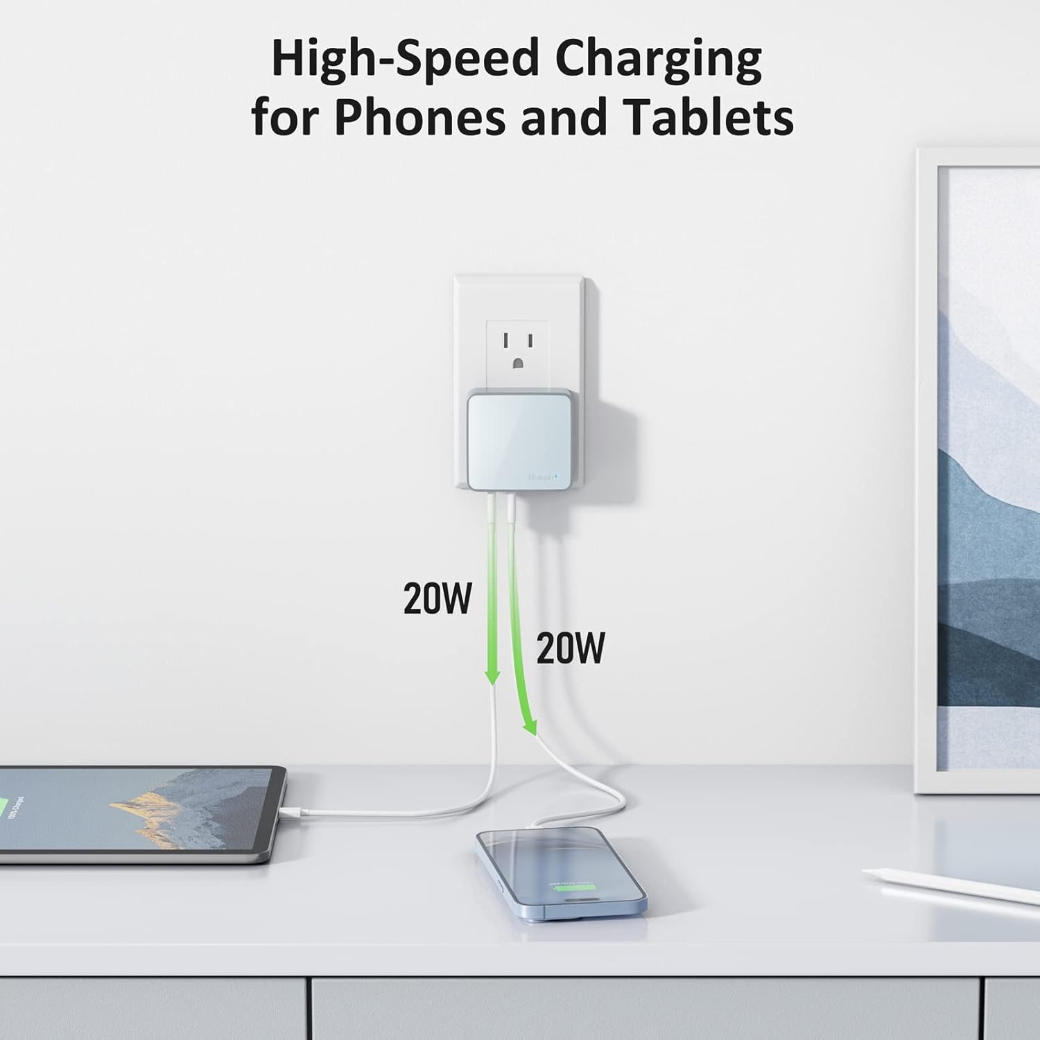 Nekmit USB C Charger, Thin Flat 52W 4-Port Fast Wall Charger with Two 20W Power Delivery and 2 USB Port for iPhone 14/14 Pro/14 Pro Max, Galaxy, Pixel, iPad Pro, AirPods Pro and More, Blue