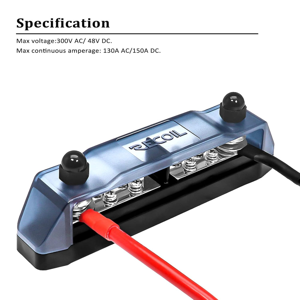 RECOIL BBPG5 Busbar Positive and Negative 2 x 5/16” Studs and 8 x #8 Screw Terminals Power Distribution Block with Ring Terminals