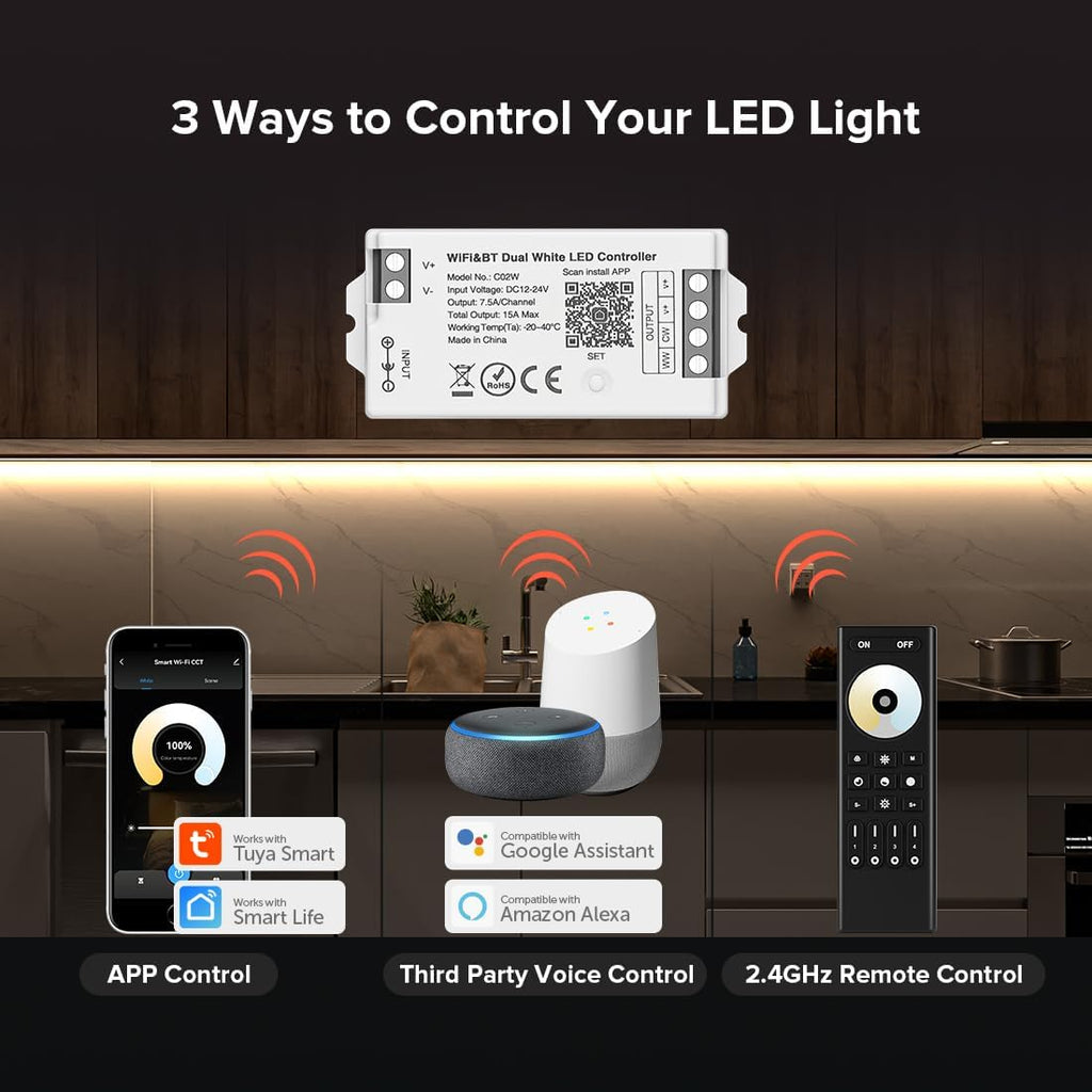 BTF-LIGHTING C02W CCT PWM (+ CW WW) 3PIN Color Temperature LED Strip Dual White 2.4GHz Tuya WiFi Group Controller Alexa Google Home Compatible with WR02RF RC02RFB Remote