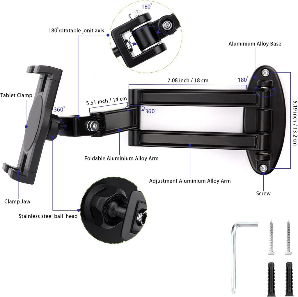 Foldable iPad Wall Mount Holder,Aluminium Extendable Tablet Wall Mount for 7~12.9 inch Tablets iPad/Nexus/LG G Pads/e-Reader/Switch,Adjustable Extension Articulating Arm Swivels Mount