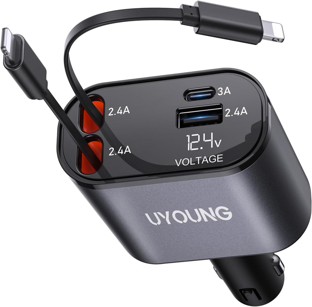 iPhone Car Charger 4 in 1 Fast USB Car Phone Charger 20W Double Lightning Retractable Cables 31.5 Inch and 2 USB Ports Car Charger Adapter for iPhone 14/13/12 Pro Max/XR/XS,Samsung,Pixel,iPad
