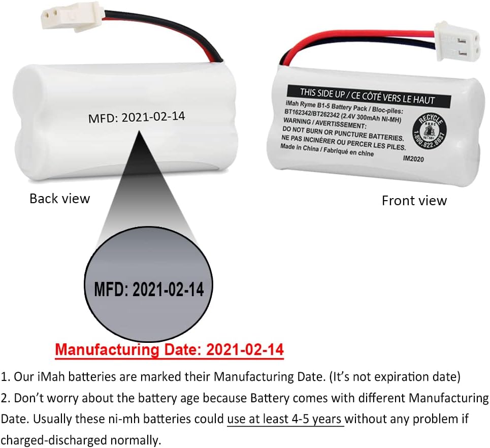 iMah BT162342/BT262342 2.4V 300mAh Ni-MH Cordless Phone Battery Pack, Also Compatible with BT183342/BT283342 AT&T BL102-3 EL52351 TL90070 VTech CS5119 DS6511 DS6722 LS6305 Handset, 3-Pack