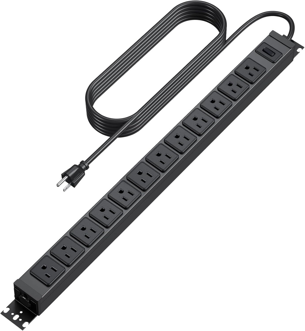 HHSOET 360° Rotating 12 Outlet Mountable Power Strip, Metal Gaming Table Mounted Outlet Strip, Heavy Duty Wall Mount Surge Protector with Switch, Works Great and Very Versatile, 15ft Power Cord.Black