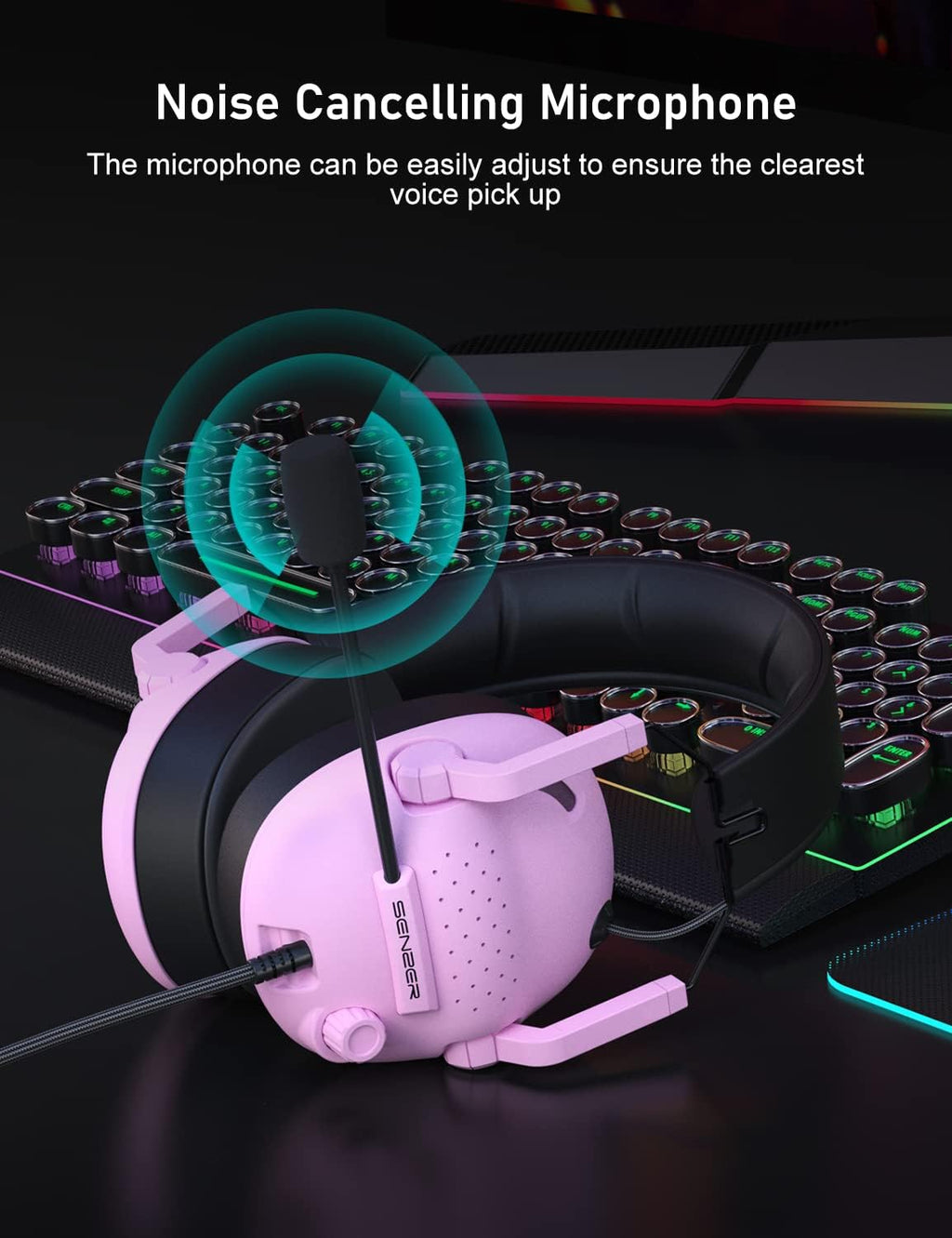 SENZER SG500 Surround Sound Pro Gaming Headset with Noise Cancelling Microphone - Soft Memory Foam Padding - Portable Foldable Headphones for PC, PS4, PS5, Xbox One, Switch - Pink