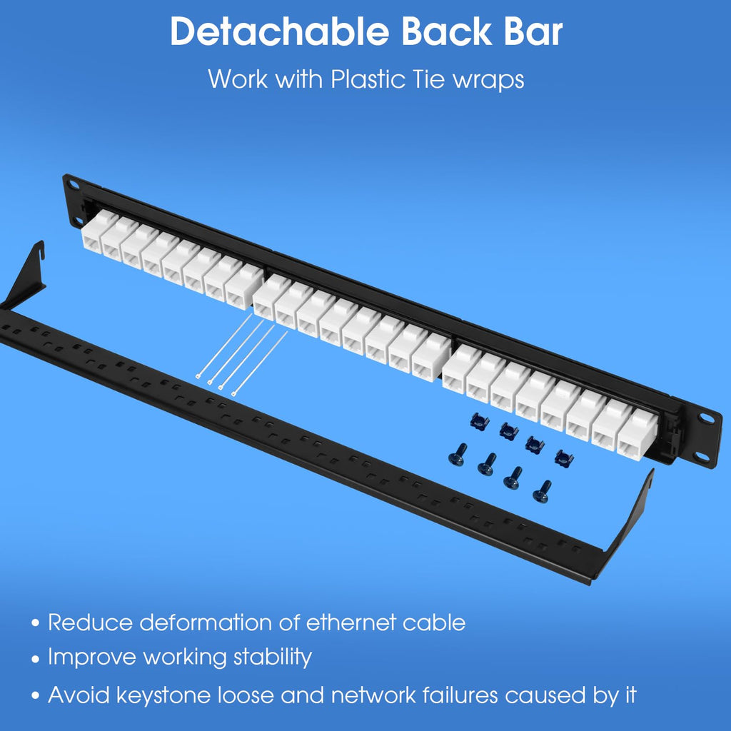 24 Port Keystone Patch Panel, 1U 19-inch RJ45 Network Patch Panel with Back Bar, Loaded with 24 Cat6 Couplers (White)