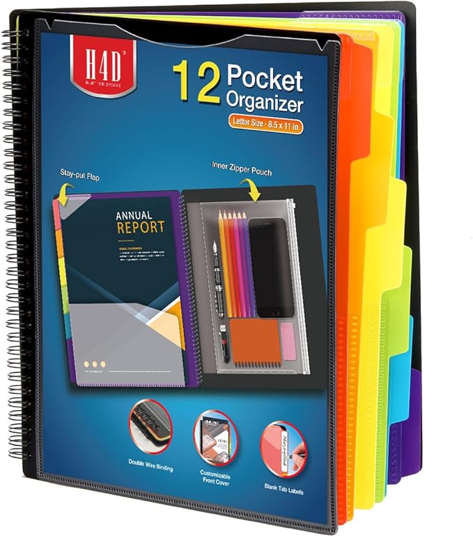 H4D 12 Pocket Poly Project Organizer, Spiral Multi Pocket Folder Organizer by H4D