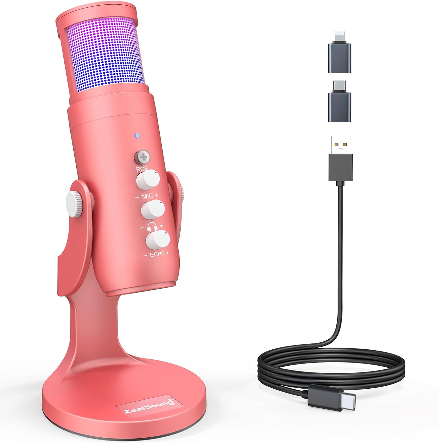 ZealSound USB Gaming Microphone for iPhone PC Type C Phone,Noise Cancellation,K66 RGB Condenser Mic with Controllable Led Lights,Echo,Touch Mute,Monitor,Gain for Podcast,Gaming,Podcasting,ASMR (Pink)