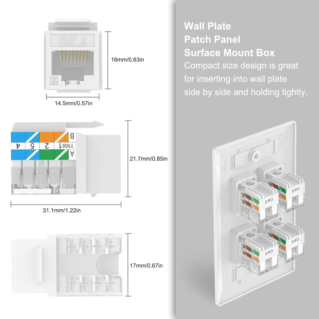 VCE UL Listed 10Gbps Cat6 Keystone Jack Insert 25-Pack, 90 Degree Punch Down RJ45 Keystone Jack Adapter Slim Profile for Patch Panel and Wall Plate