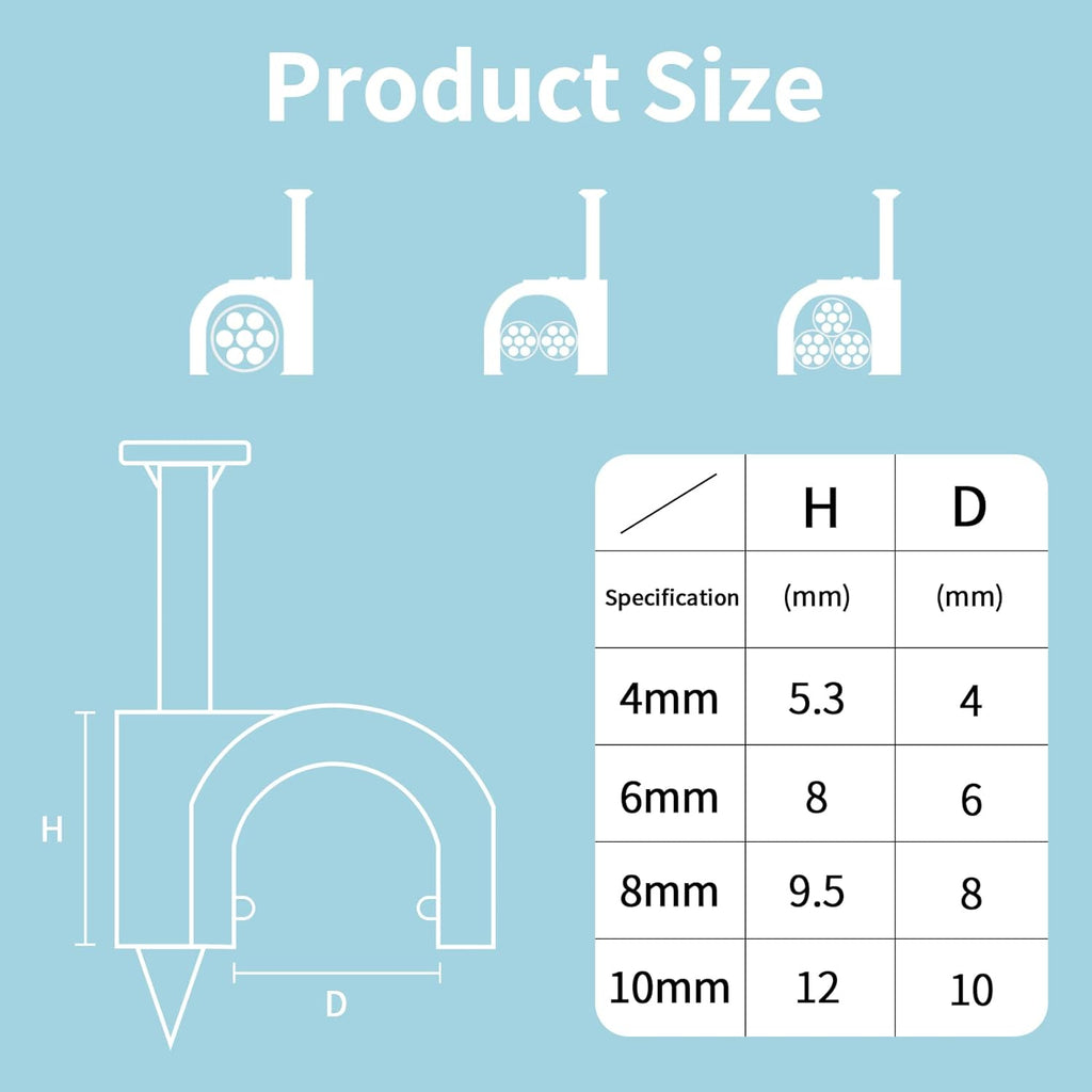 Cable Clips, 400 Pcs, 4mm 6mm 8mm 10mm, Wire Wall Clips with Steel Nails, Cable Management Organizer Clips, Cable Tacks Coax Holder Clips, RG6 RG59 CAT6 RJ45 Cable Cord Clips, Black