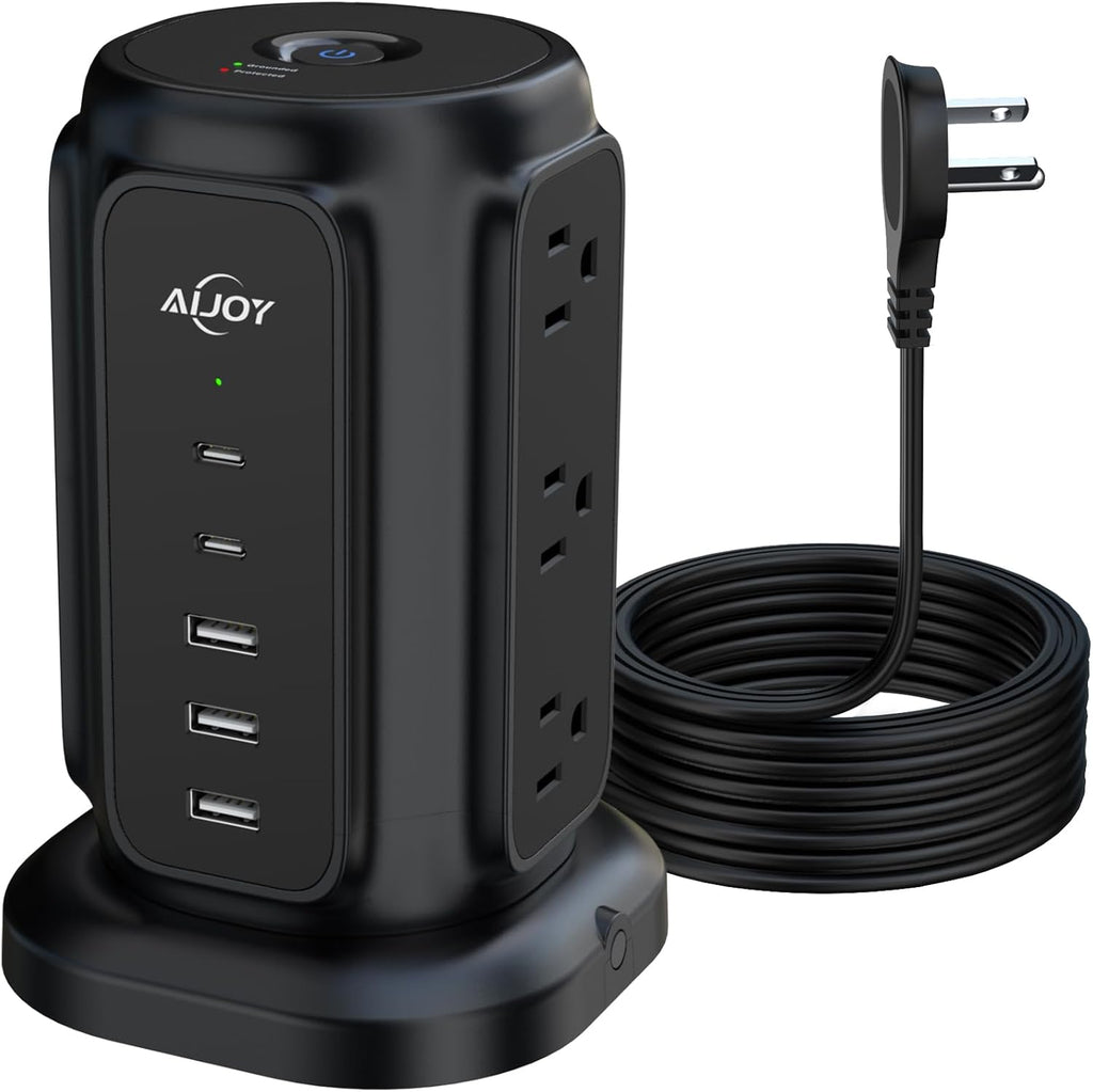 AiJoy Flat Plug Power Strip Tower with 9 Outlets and 5 USB Ports (2 USB-C), 1200J Surge Protection, 1625W Extension Cord with Multiple Outlets Charging Station for Home Dorm Office Supplies