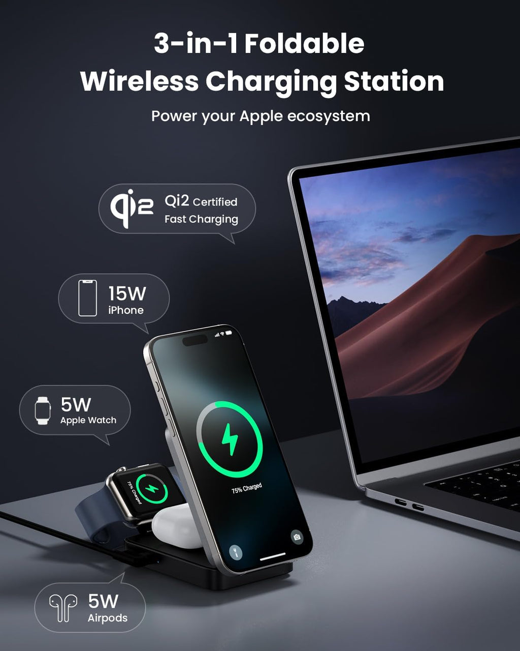 3-in-1 Wireless Charger Charging Station for iPhone, Qi2 Certified 15W Fast Charging Foldable Magnetic Charger Stand with 30W USB C Adapter for MagSafe iPhone 16/15/14/13/12, Apple Watch, AirPods