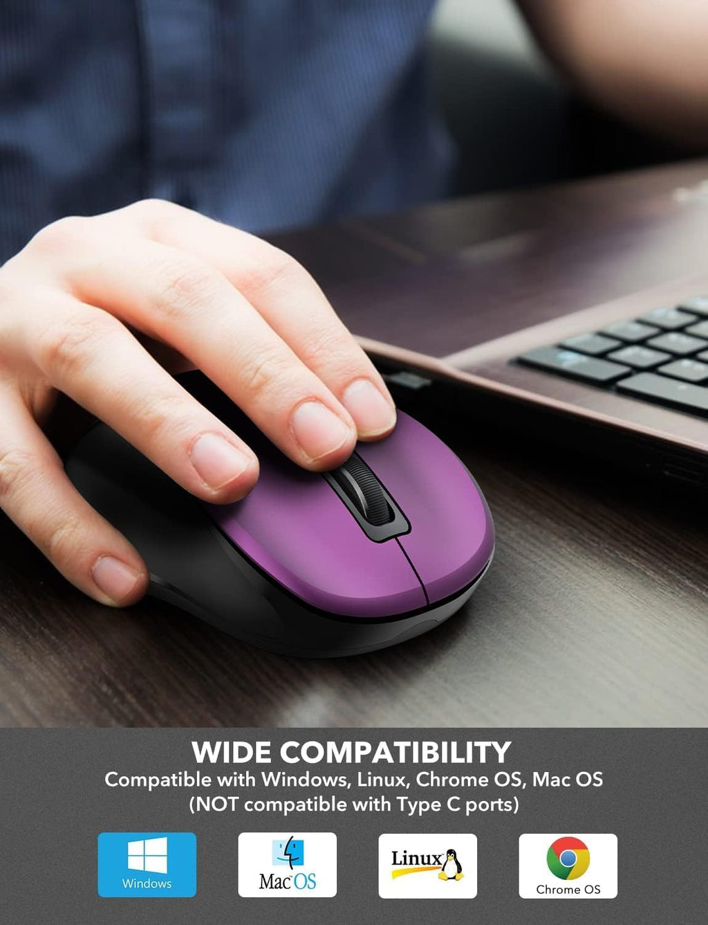 Trueque Wireless Mouse for Laptop, 2.4GHz Ergonomic Computer Mouse with Back & Forward Buttons, 3 Adjustable DPI Levels, 6 Buttons, Optical USB Cordless Mice for Windows Chromebook MacBook PC (Purple)