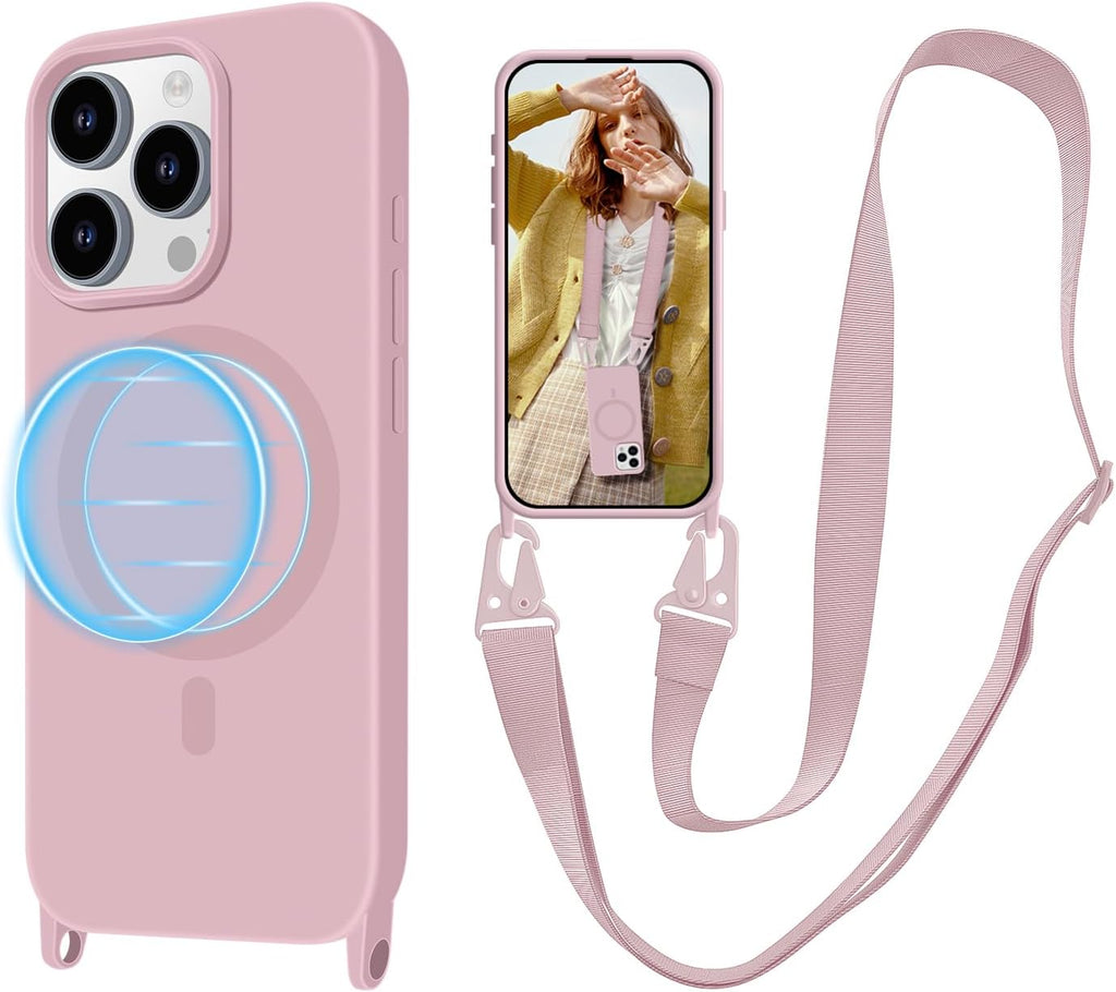 for iPhone 16 Pro Case with Lanyard [Compatible with MagSafe], Crossbody Phone Case with Neck Strap Adjustable, Magnetic Phone Cover for iPhone 16 Pro 6.3'' Pink