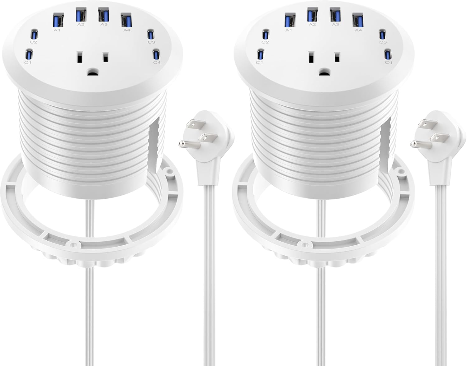 Jgstkcity 65W USB-C Hidden Desktop Power Grommet: 1 AC Outlet,8 USB Charging Ports,3'' Hole Flush Mount Pop-Up Power for Conference Tables & Nightstands (Whtie, 6 FT - 2PCS)