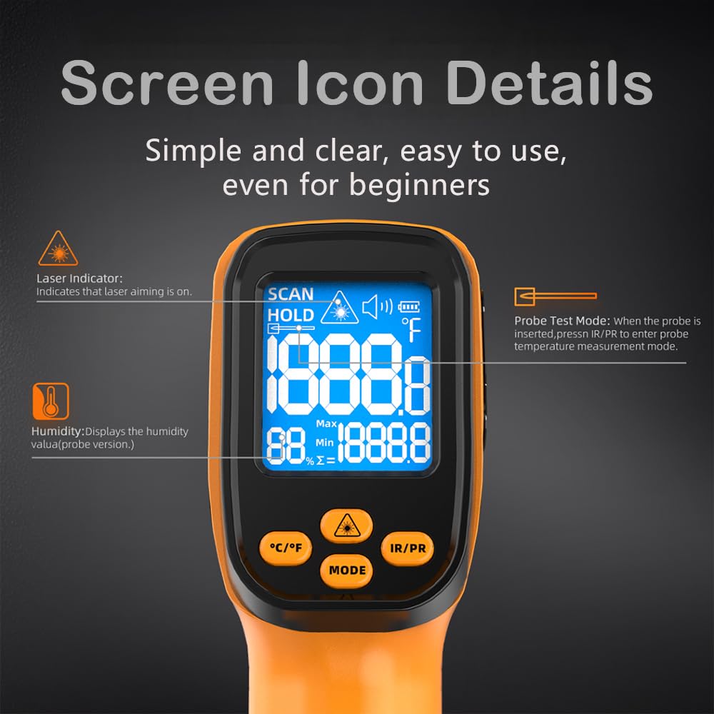 Infrared Thermometer Gun, Non Contact Thermometers Laser Temperature Guns with K-Type Probe, 12:1 Dual-Mode Temp Gun (-58°F to 1472°F) for Cooking, Pizza Oven, BBQ, Home Repairs, HVAC