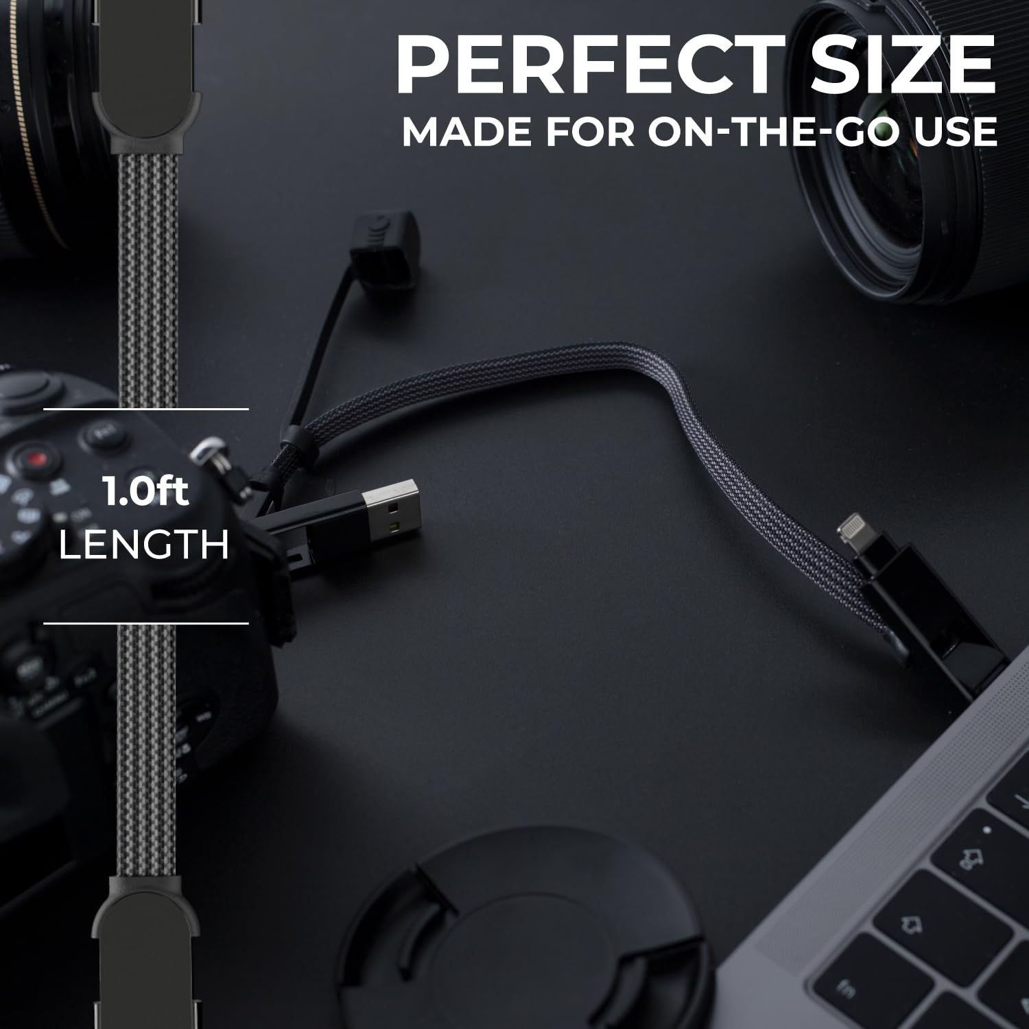 Rolling Square inCharge XL 6-in-1 Multi Charging Cable, (3X Pack) Portable USB and USB-C Cable 100W Ultra-Fast Charging, 1 Ft/0.3m, Black