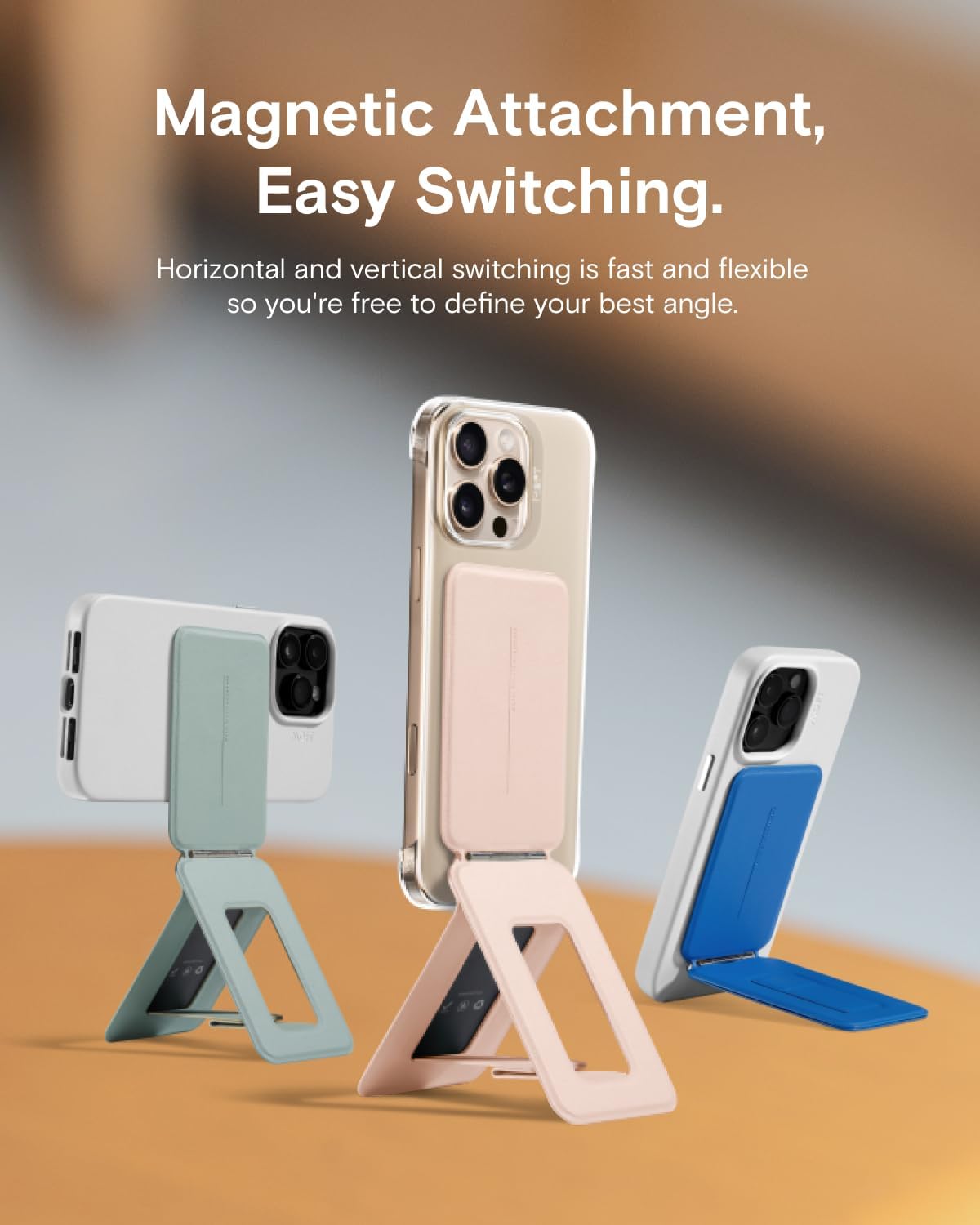 MOFT Phone Stand, Magnetic Phone Tripod Stand Stain-Resistant MOVAS Leather & Angle Adjustment & Strong Magnets Tripod for iPhone 16/15/14/13/12 (Included Metal Ring)-Misty Cove