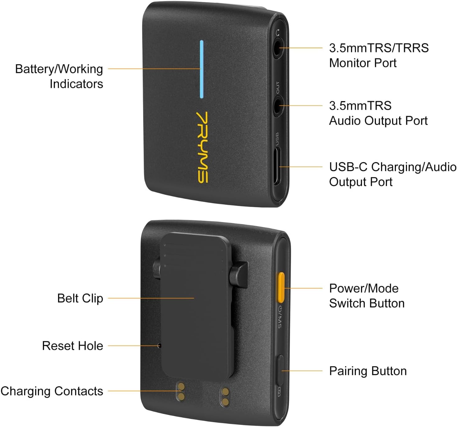 7RYMS iRay DW40 Wireless Lavalier Microphone with Four Transmitters One Charging Case Support AI Denoise, 48kHz/24bit Recording for Video Vlog, Interview, Live Streaming, Podcasting-Black