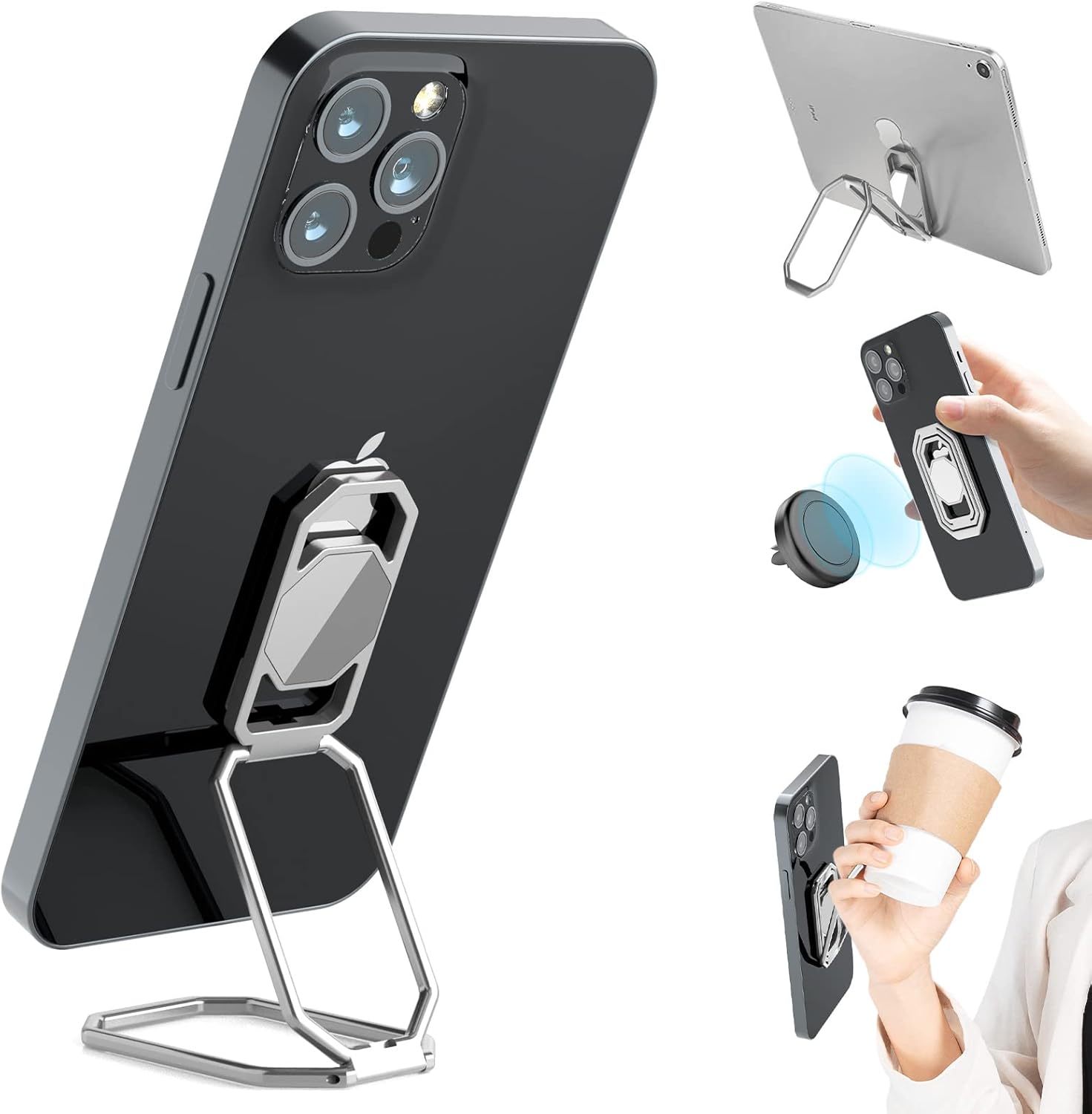 Phone Ring Holder Finger Kickstand, Upgraded 360° Rotation Metal Phone Grip for Magnetic Car Mount Foldable Cell Phone Stand Compatible with Most Smartphones