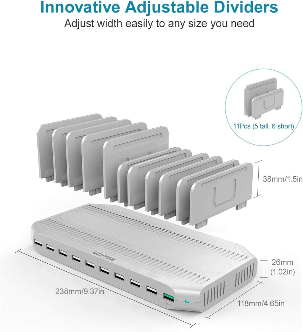 Unitek Charging Station for Multiple Devices, USB Charging Dock with Adjustable Dividers, QC 3.0 and SmartIC, iPhone, iPad, Tablet Organizer Stand-(UL Certified)