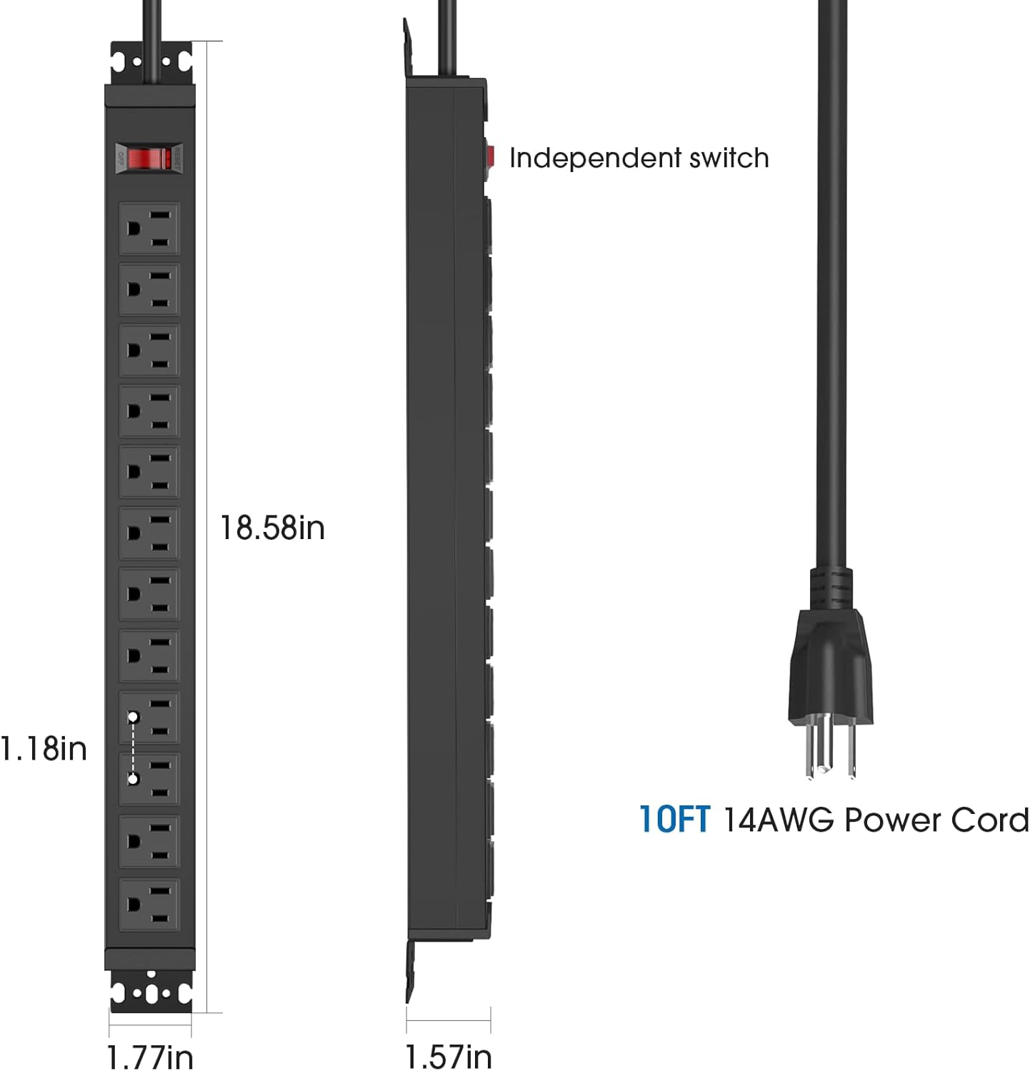 2Pack Rotating Mountable Power Strip, 12 Outlet Wall Mount Surge Protector, Metal Heavy Duty and Versatile Outlet Strip, Stylish Appearance, Sturdy and Durable, 10ft Power Cord.(Black)
