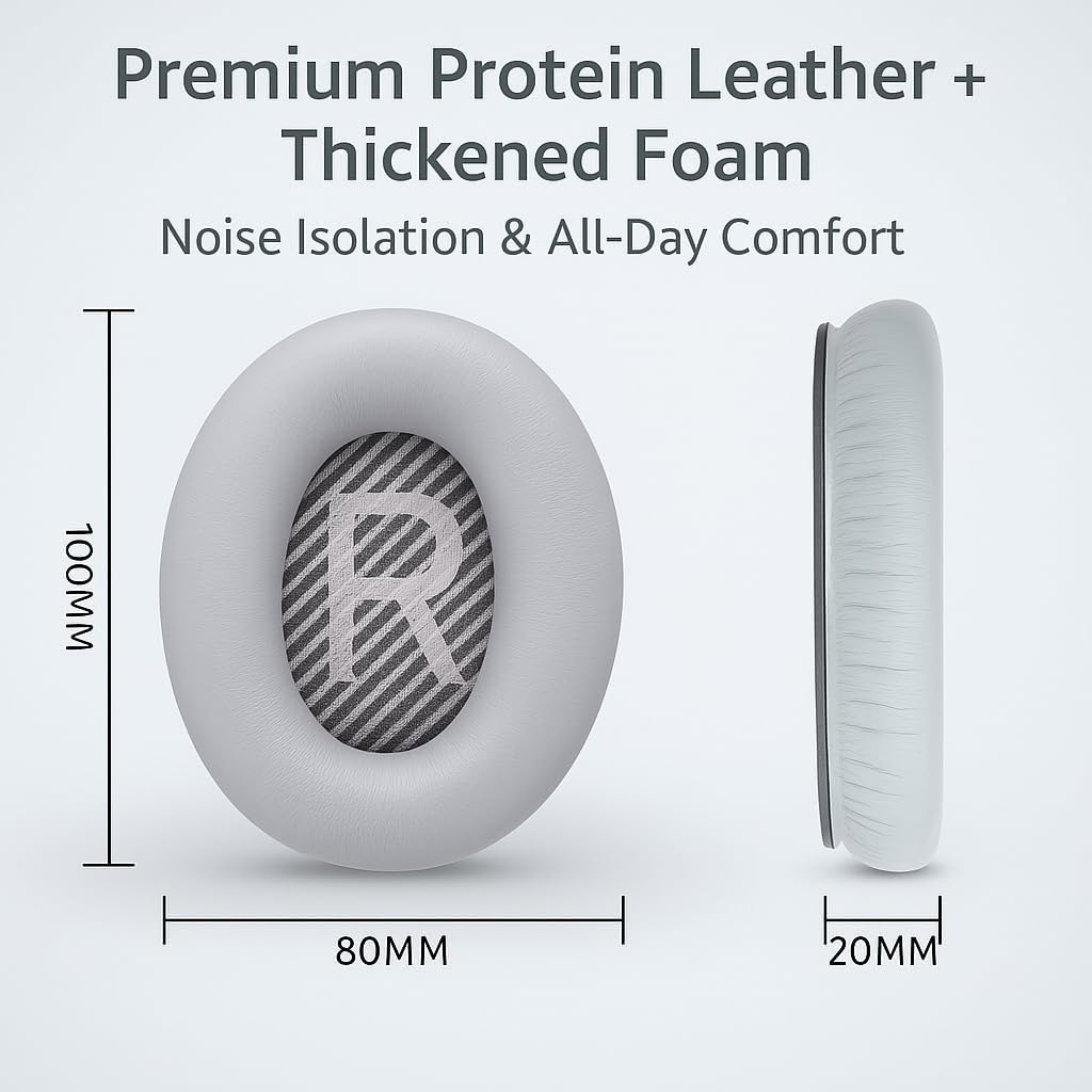 Premium Replacement Ear Pads for Bose QC2, QC15, QC25, QC35 I & II – Soft Protein Leather & Memory Foam Cushions – Enhanced Noise Isolation – Easy Installation Kit & Cleaning Cloth (Silver)