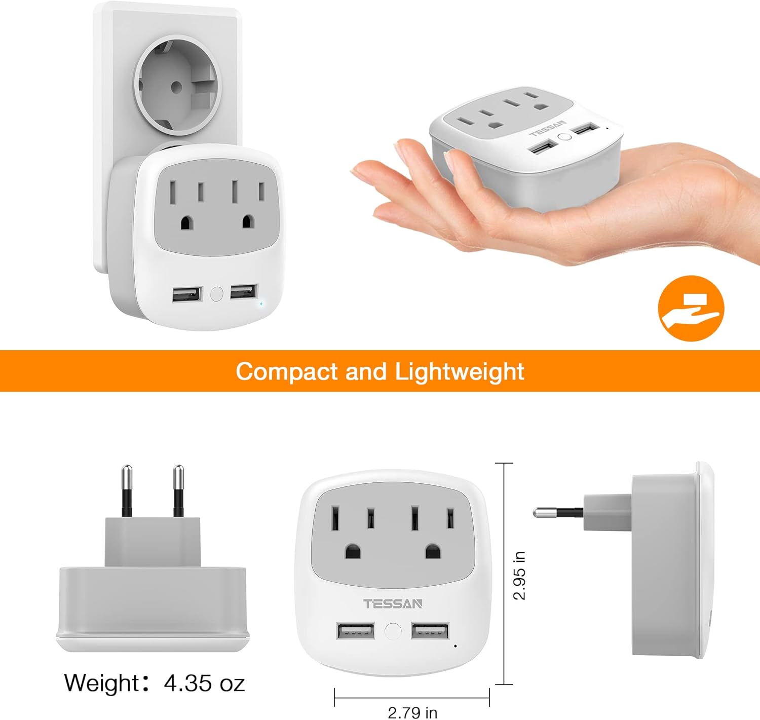 TESSAN US to India Plug Adapter, Type D Travel Adaptor with 2 USB Charger Ports 2 American Outlets, USA to Indian Power Adapter for Nepal Bangladesh Maldives Pakistan Tanzania Sri Lanka