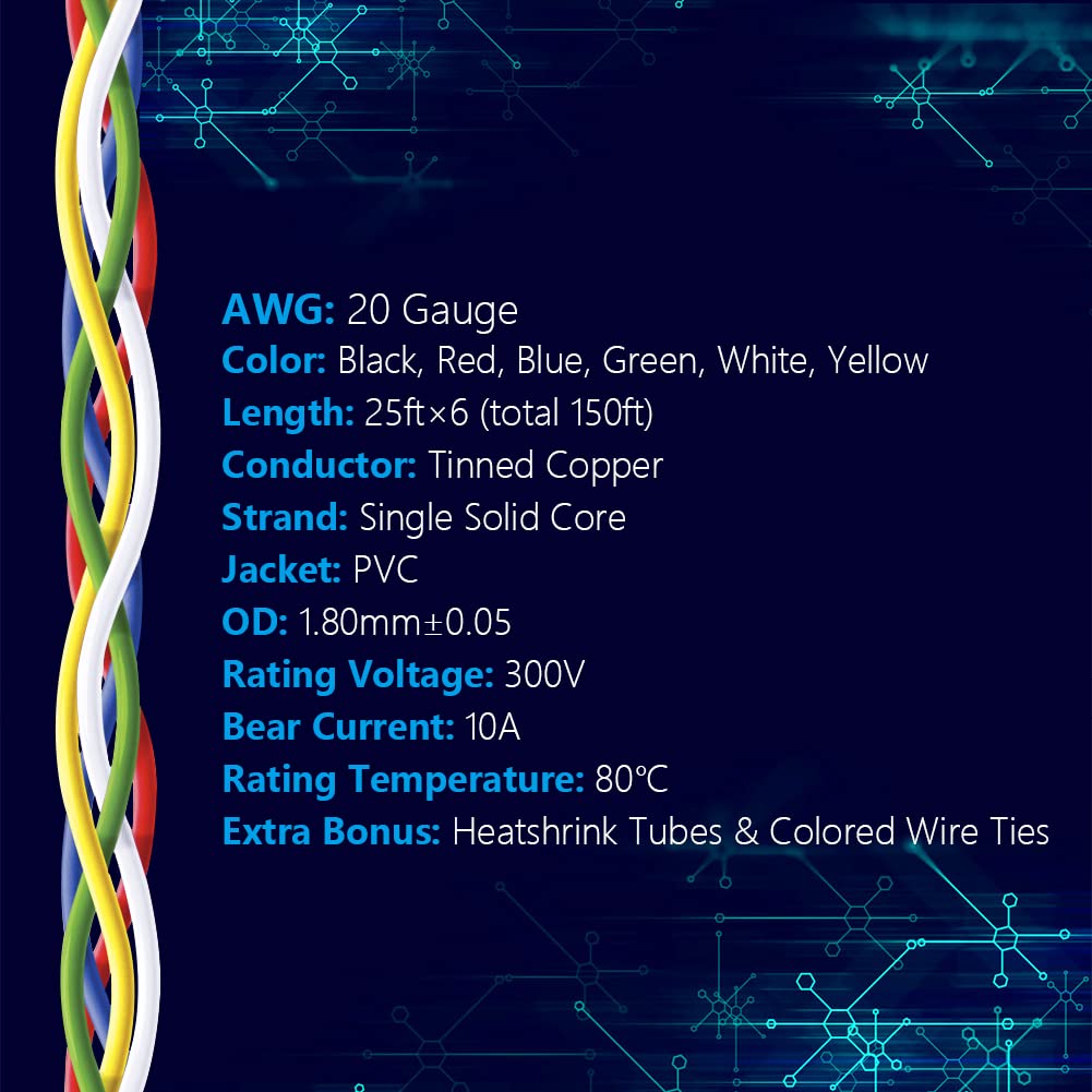 Fermerry 20 AWG Solid Core Wire Spool 25ft Each 6 Colors Flexible 20 Gauge Hook up Wire Kit Electrical Tinned Copper Wire PVC
