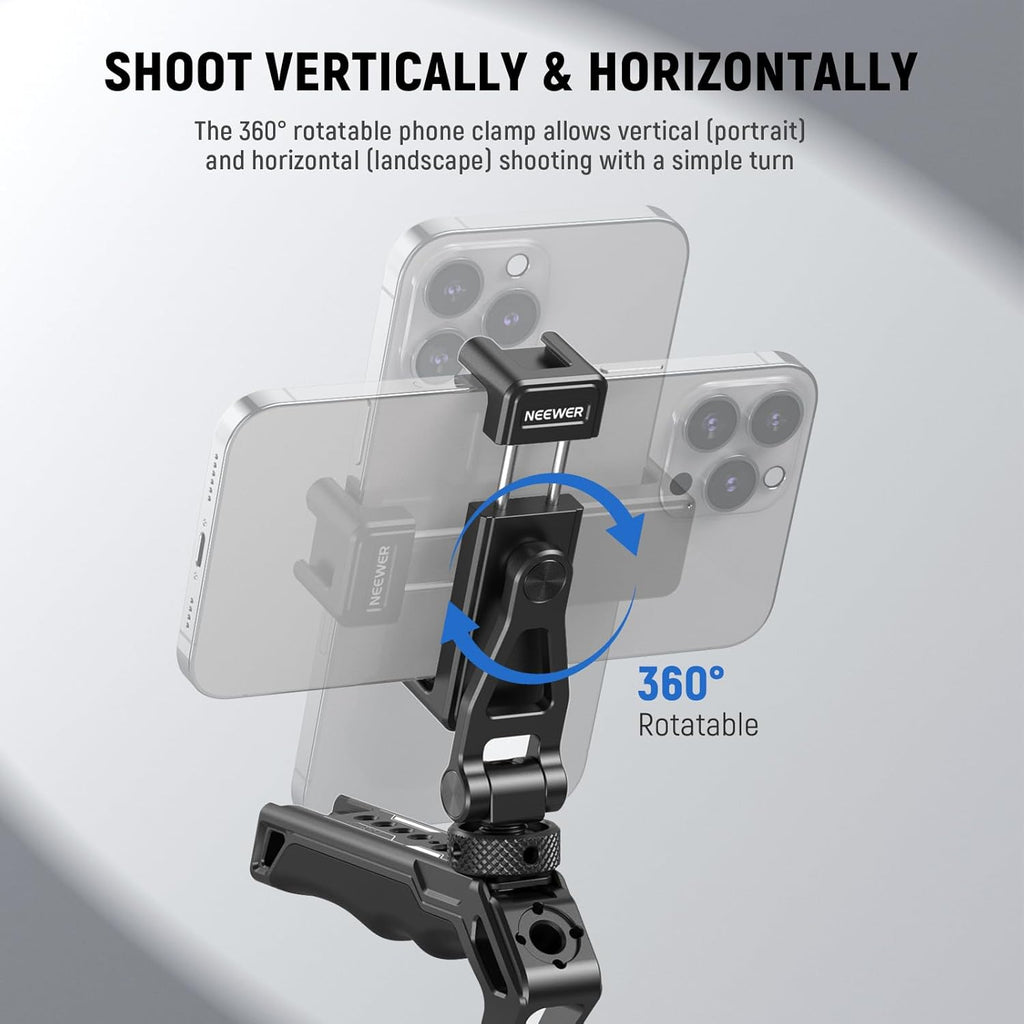 Neewer Metal Phone Tripod Mount with Cold Shoes, 1/4" Thread, 180° Tilt, 360° Rotation, Adjustable Phone Clamp Metal Phone Holder Compatible with iPhone 16 15 Pro Max S24 Ultra Camera Cage, GA010
