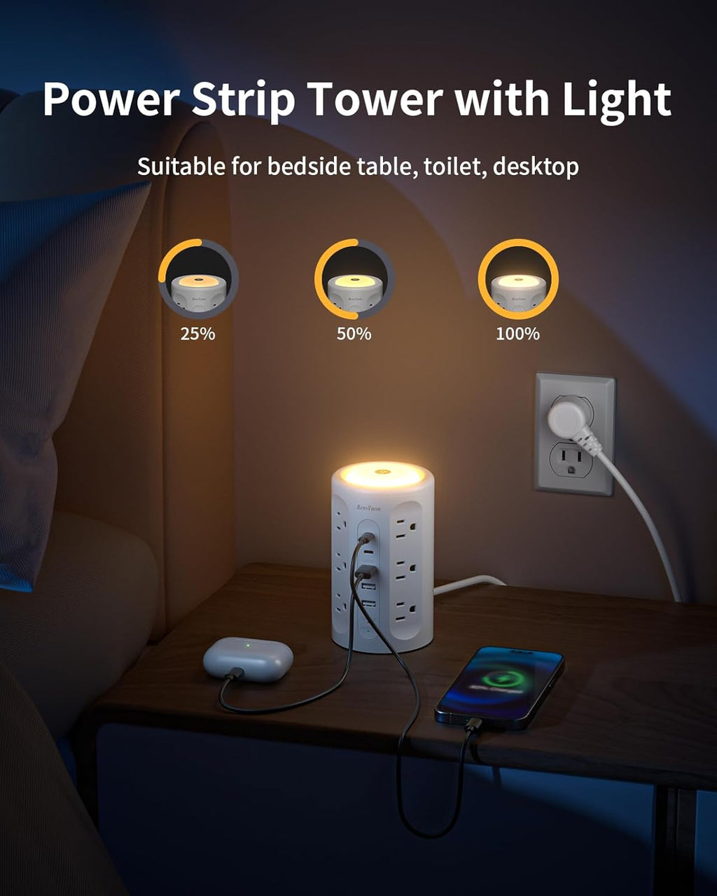 Power Strip Tower with Night Light, 15W Surge Protector Power Strip with USB Ports, 10 FT Extension Cord with Multiple Outlets (12AC+3A+2C) for Home Office Desk DormRoom (White)