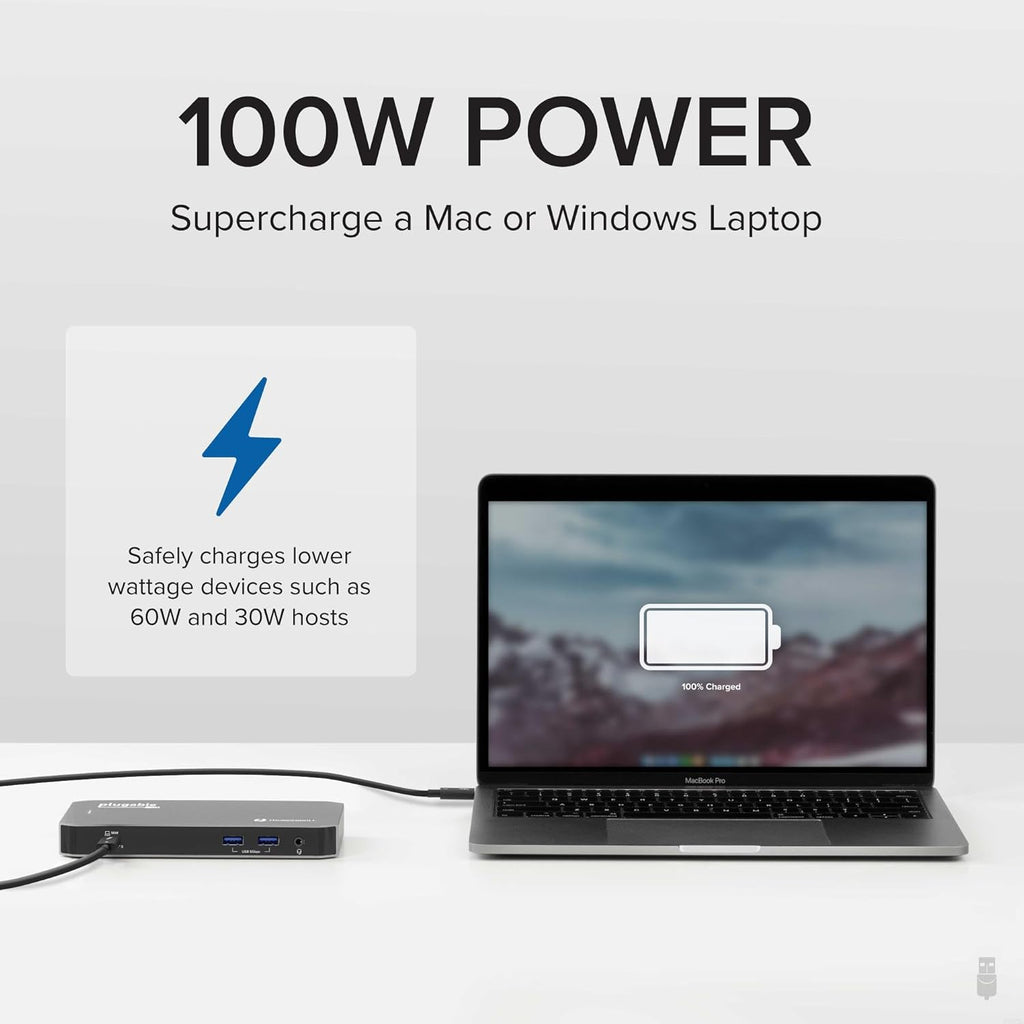 Plugable Thunderbolt Dock, 40Gbps with 100W Laptop Charging, Compatible with macOS, Windows, Dual HDMI Docking Station with DisplayPort - Dual Monitor, 2X USB-C, 3X USB 3, Gigabit Ethernet, Audio Jack