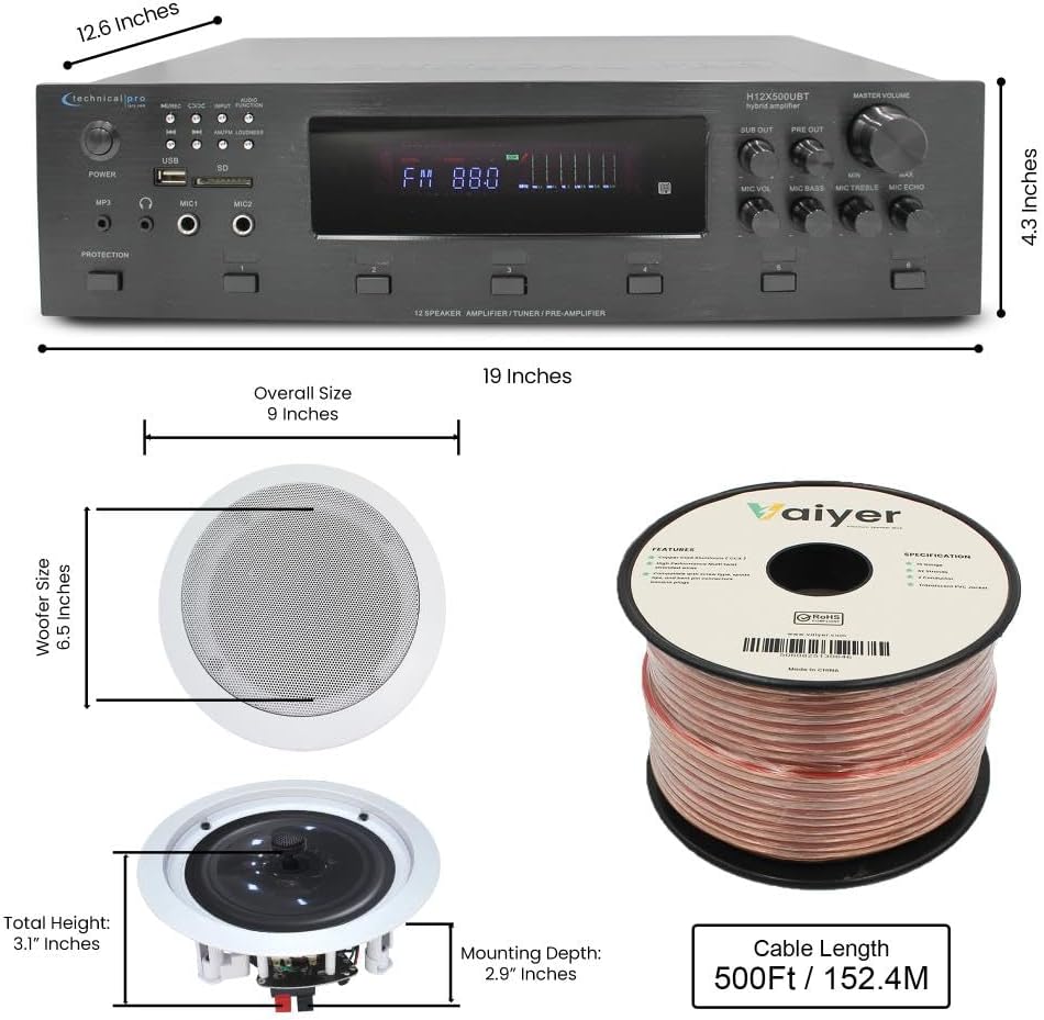 Vaiyer Home Audio System Kit, 6-Channel 6000 Watts Bluetooth Amplifier with 6.5" 8 QTY of 200 W Each in-Wall in-Ceiling Speakers & 16AWG 500 ft. Speaker Wire Perfect for Home, Office, Restaurants, Bar