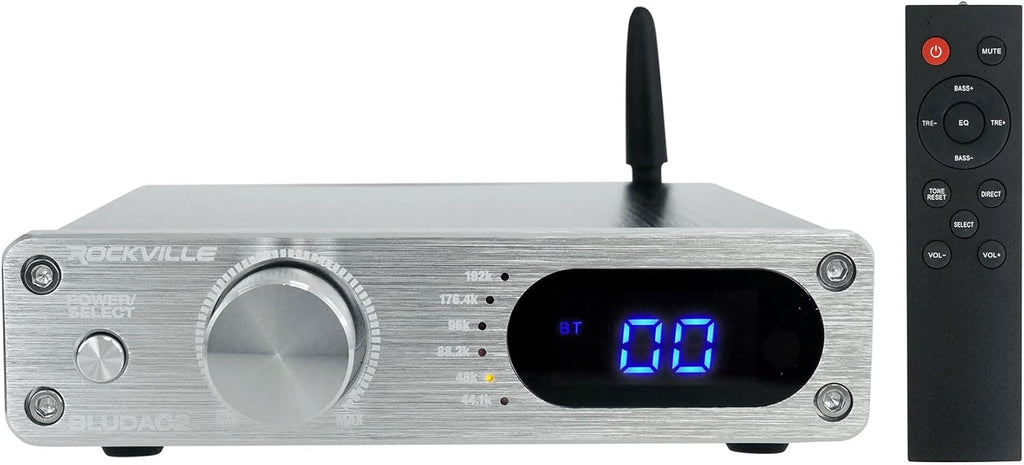 Rockville BLUDAC2S 150W Hi-Res 192K Amplifier Bluetooth Receiver w/USB, Optical, Coax, Sub Out, Class-D, DSP EQ, Remote, Brushed Aluminum, Compact Design, for Home Theater & Music