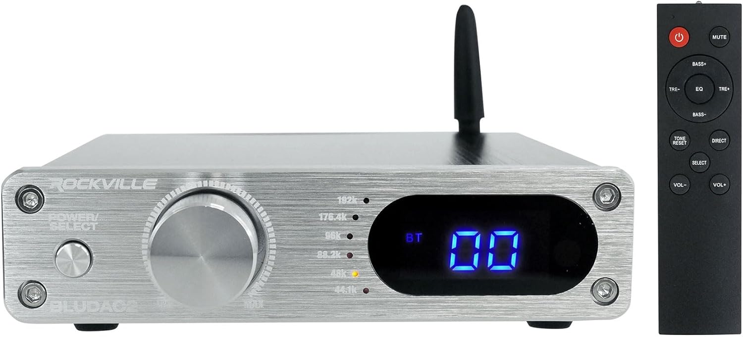 Rockville BLUDAC2S 150W Hi-Res 192K Amplifier Bluetooth Receiver w/USB, Optical, Coax, Sub Out, Class-D, DSP EQ, Remote, Brushed Aluminum, Compact Design, for Home Theater & Music